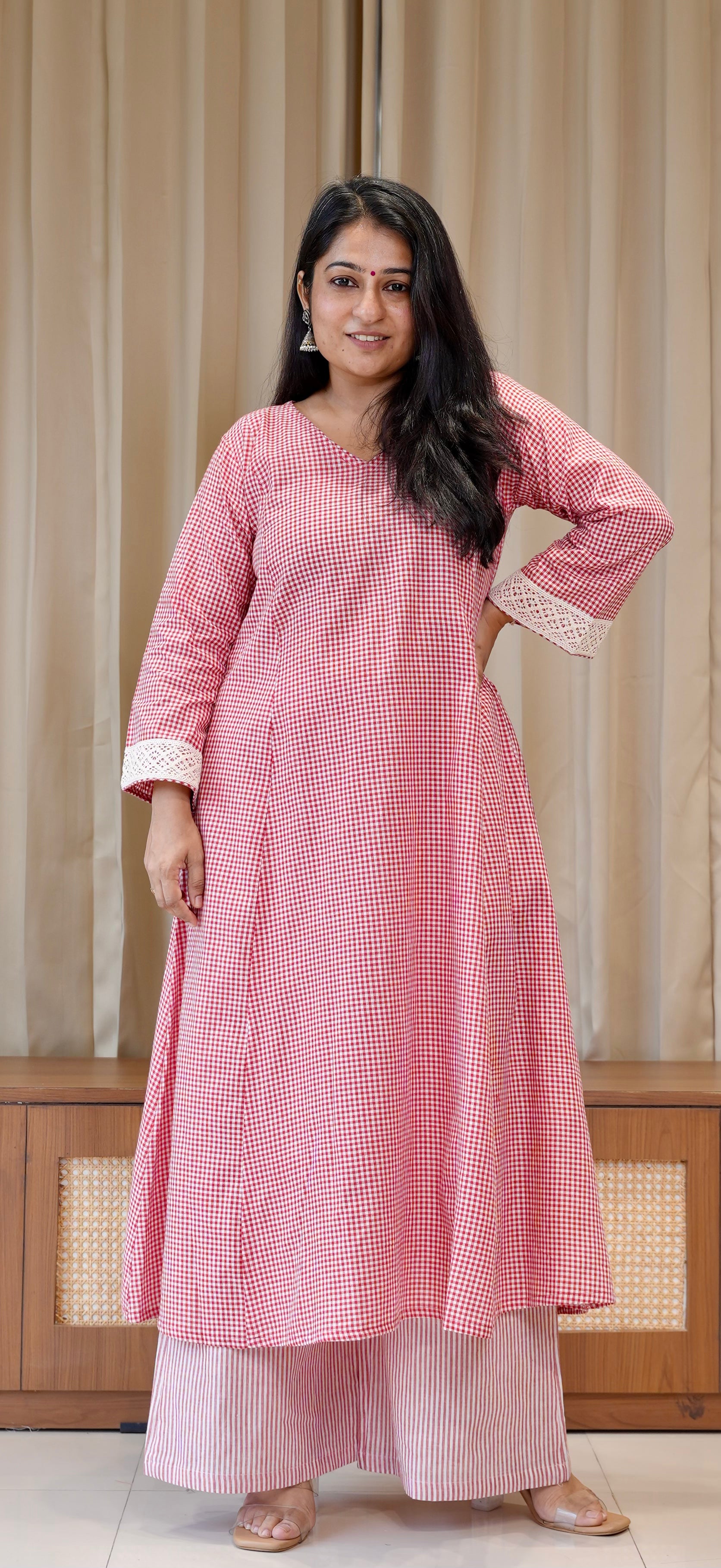 Red Small Checks+Stripes Handwoven Cotton Kurta