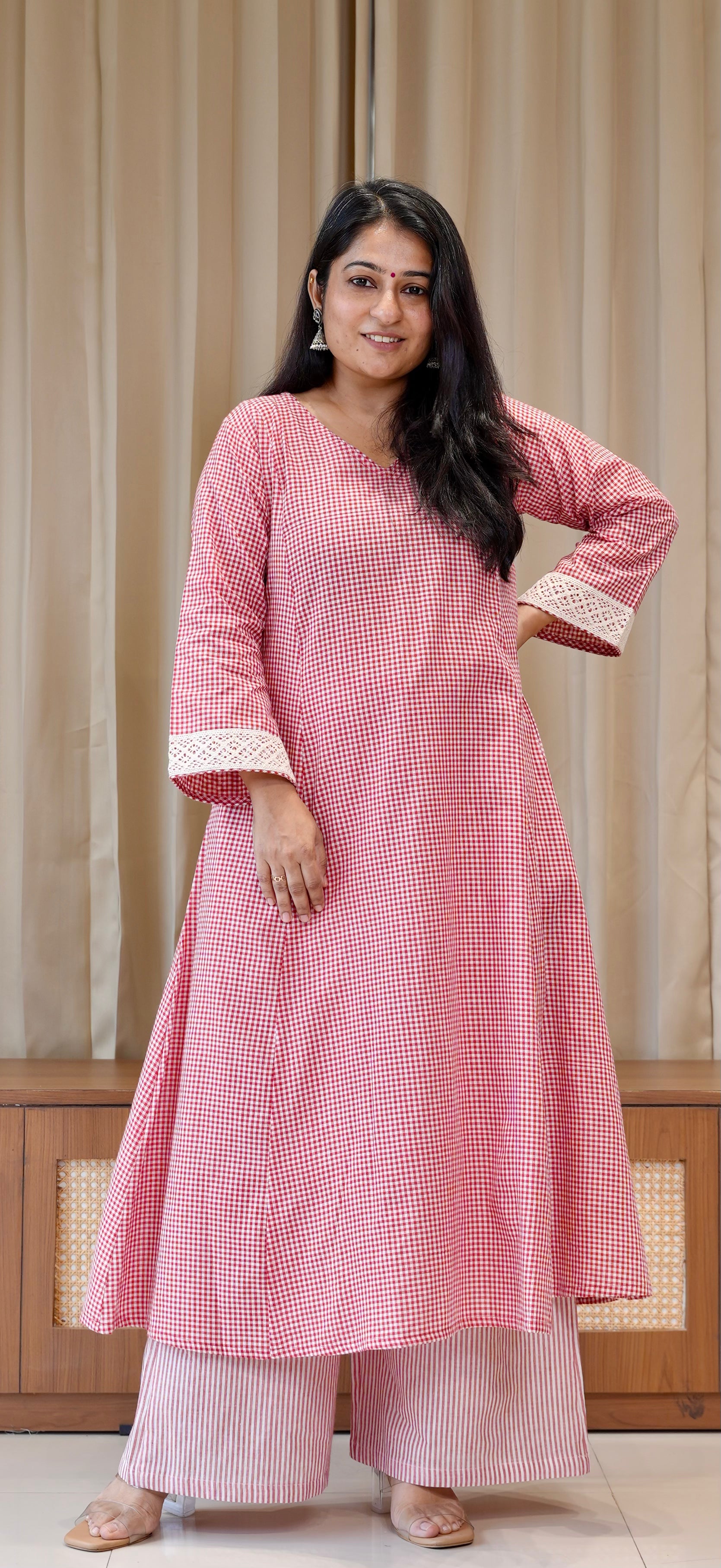 Red Small Checks+Stripes Handwoven Cotton Kurta