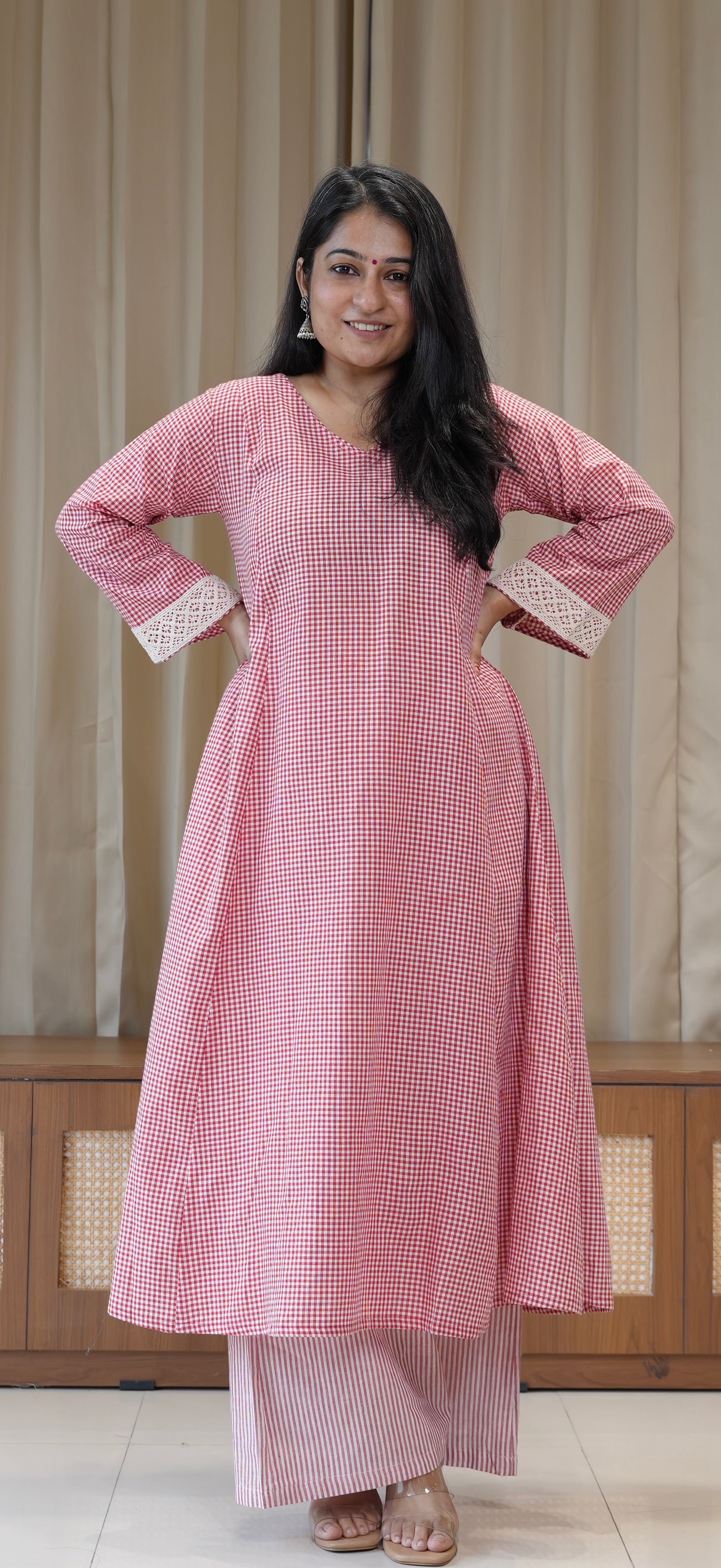 Red Small Checks+Stripes Handwoven Cotton Kurta