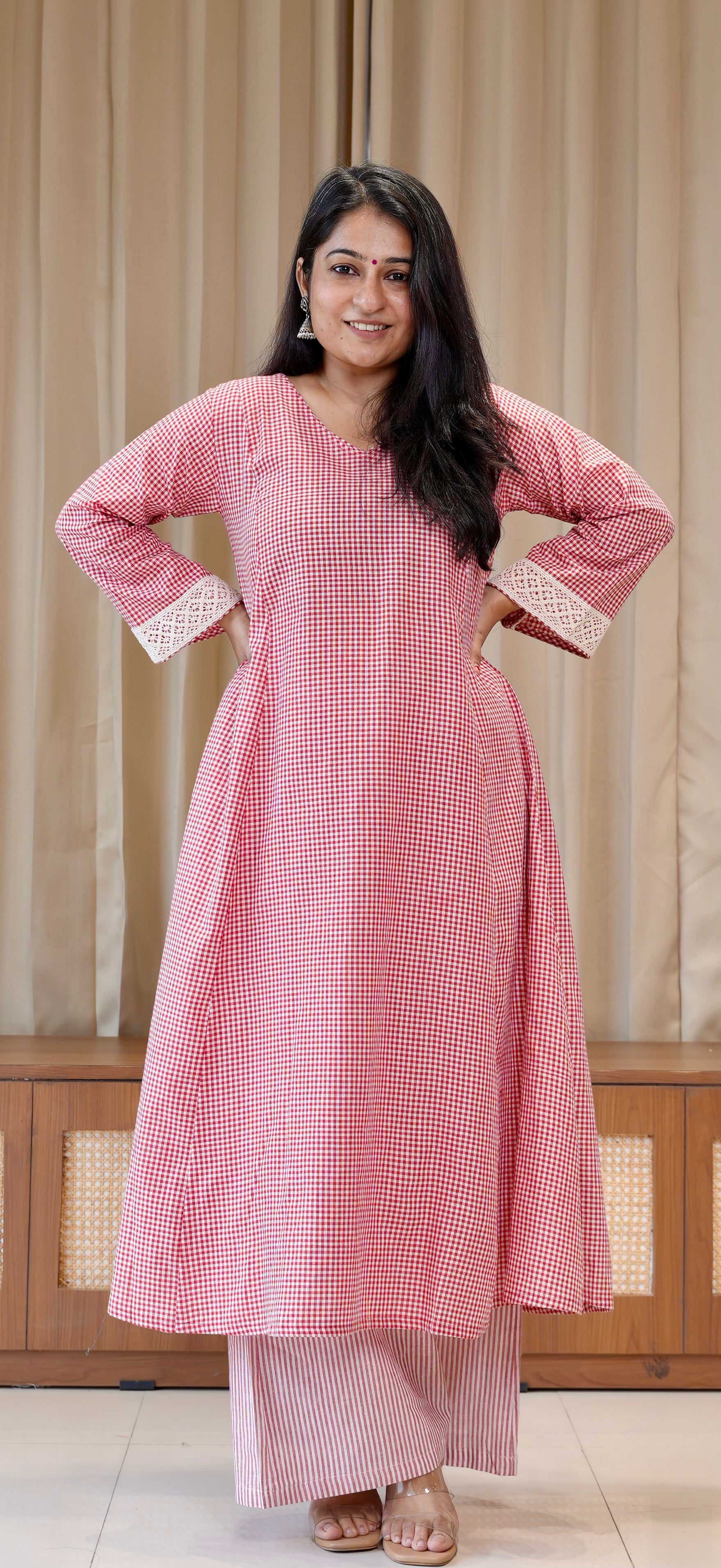 Red Small Checks+Stripes Handwoven Cotton Kurta