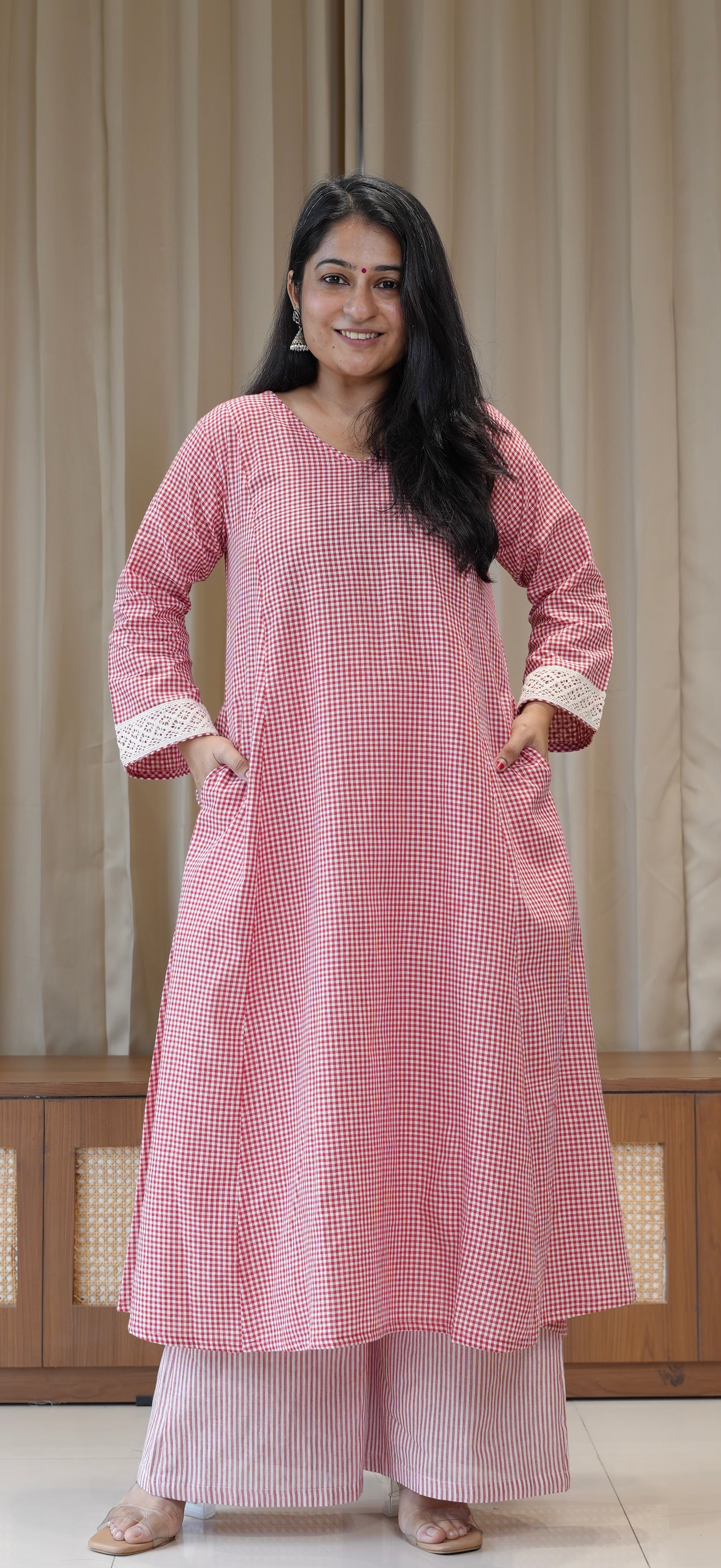 Red Small Checks+Stripes Handwoven Cotton Kurta
