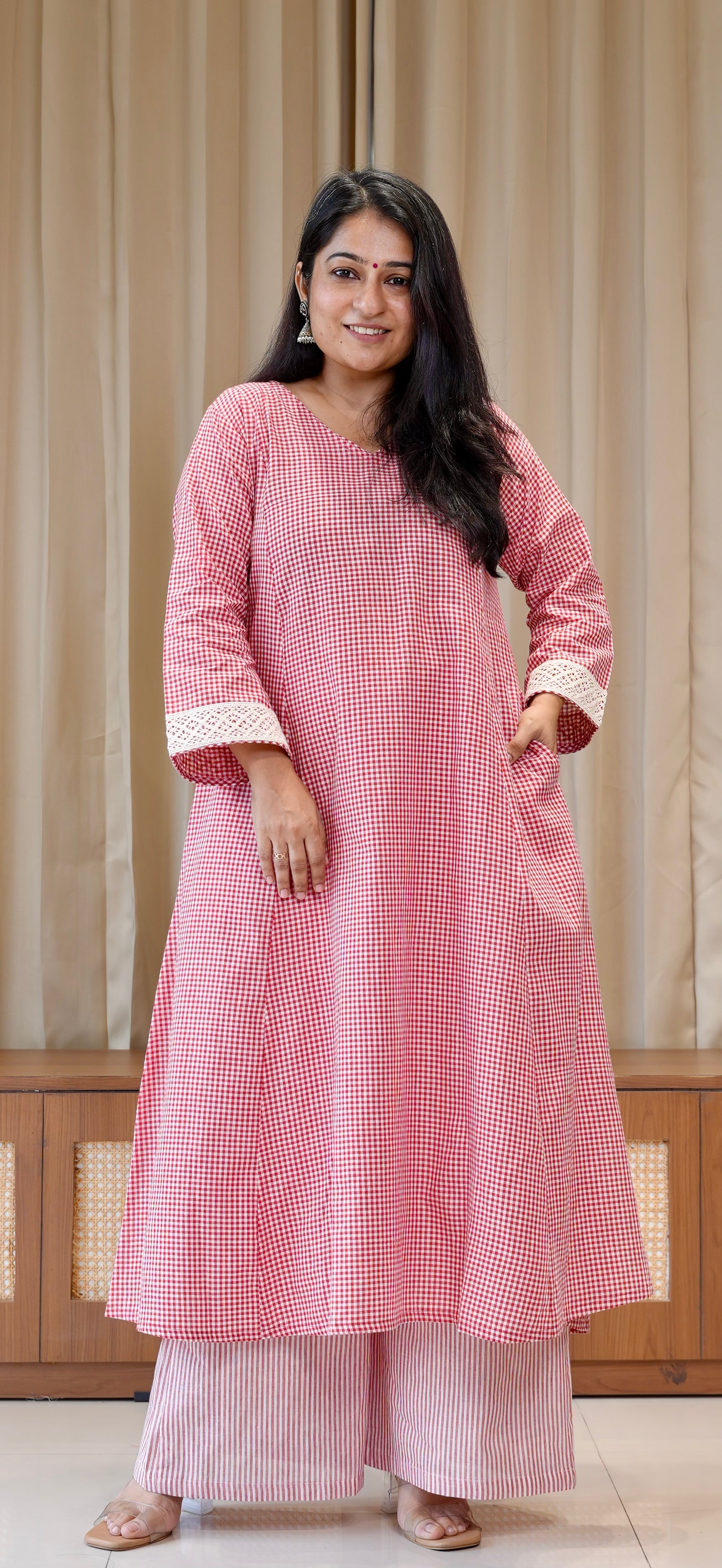 Red Small Checks+Stripes Handwoven Cotton Kurta