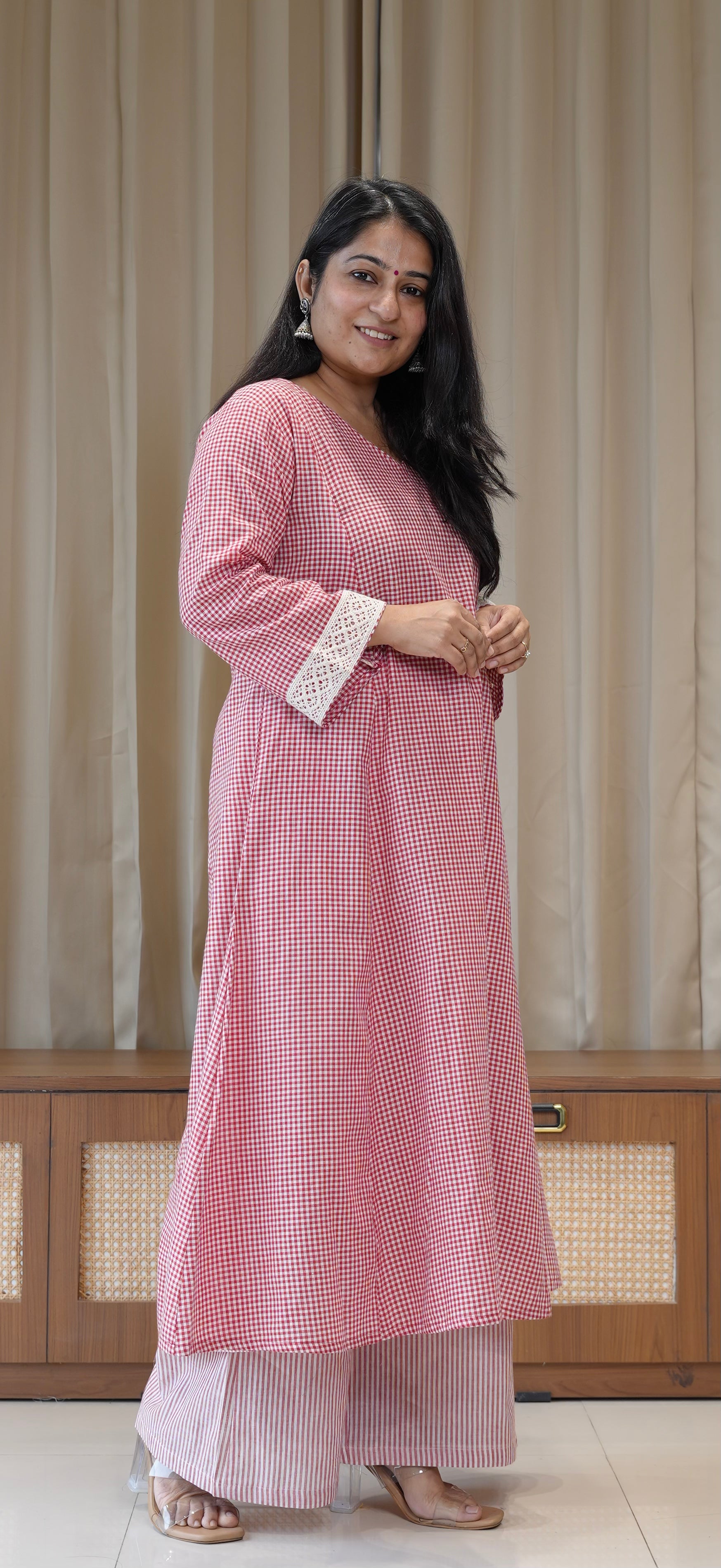 Red Small Checks+Stripes Handwoven Cotton Kurta