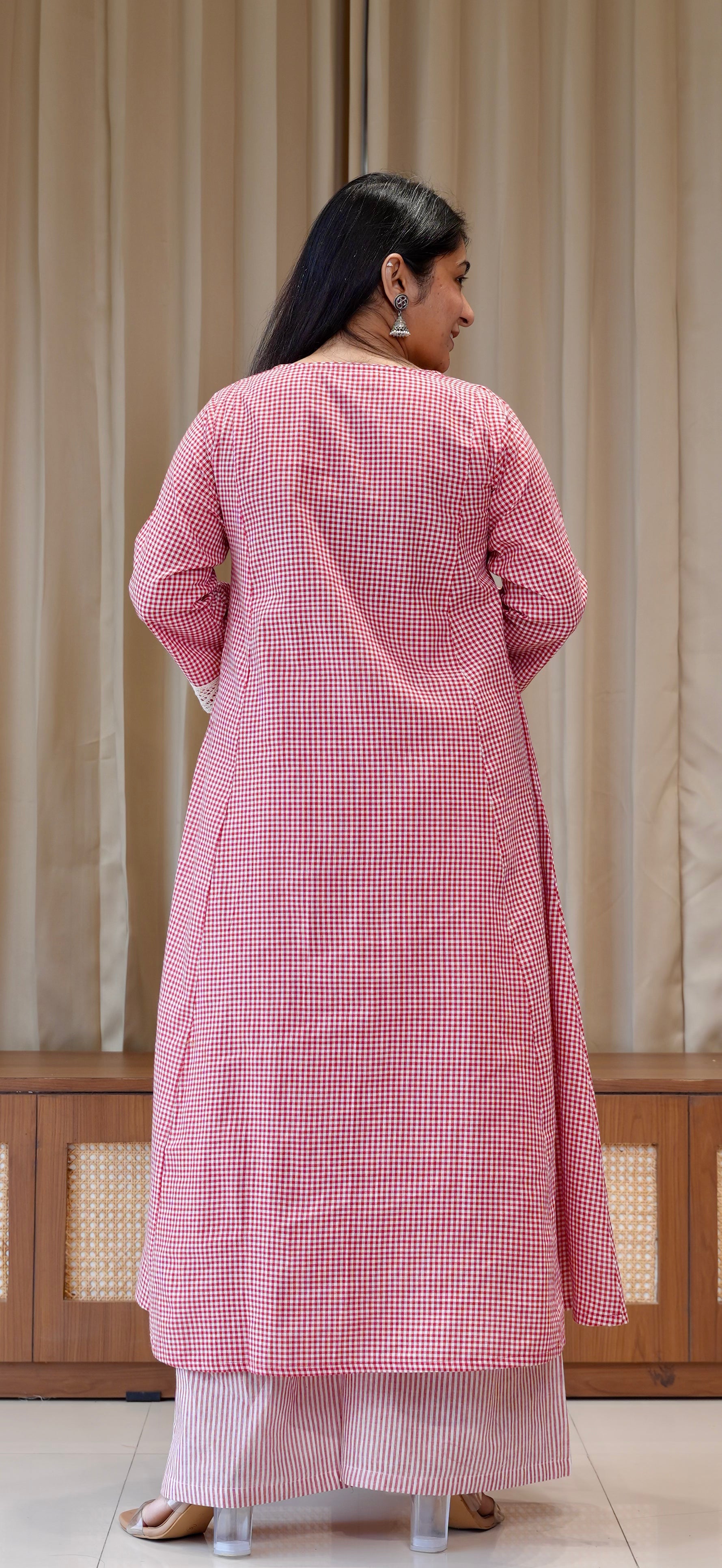 Red Small Checks+Stripes Handwoven Cotton Kurta