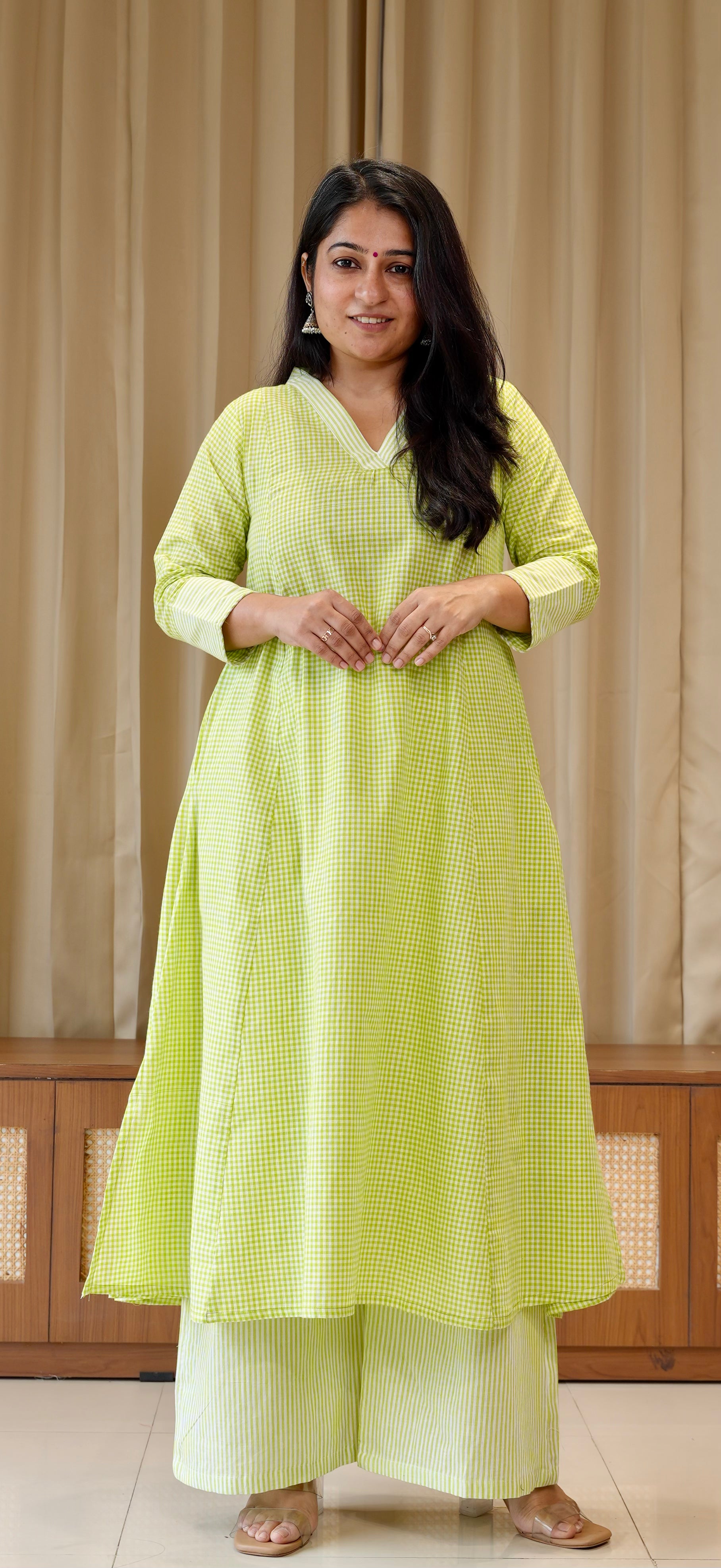 Green Small Checks+Stripes Handwoven Cotton Kurta