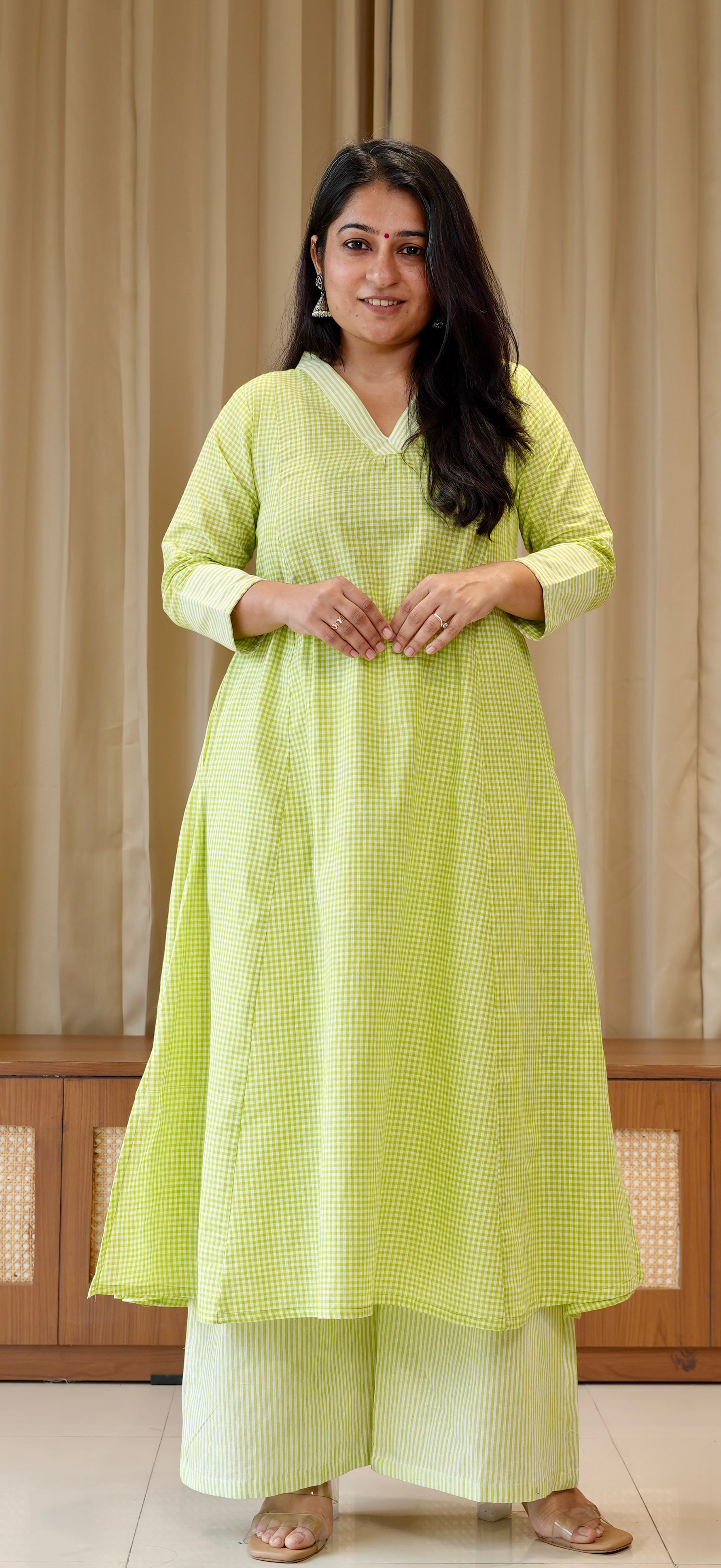 Green Small Checks+Stripes Handwoven Cotton Kurta
