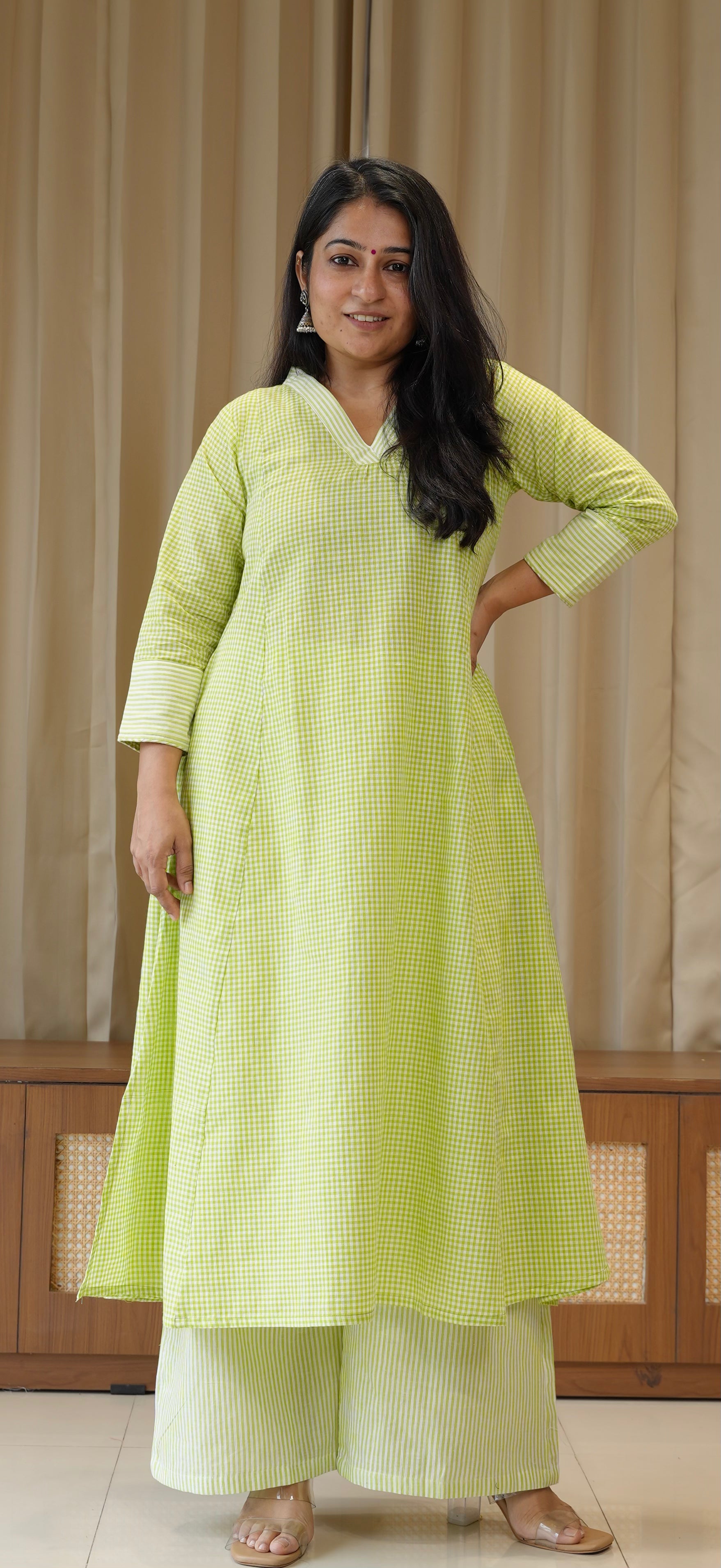 Green Small Checks+Stripes Handwoven Cotton Kurta
