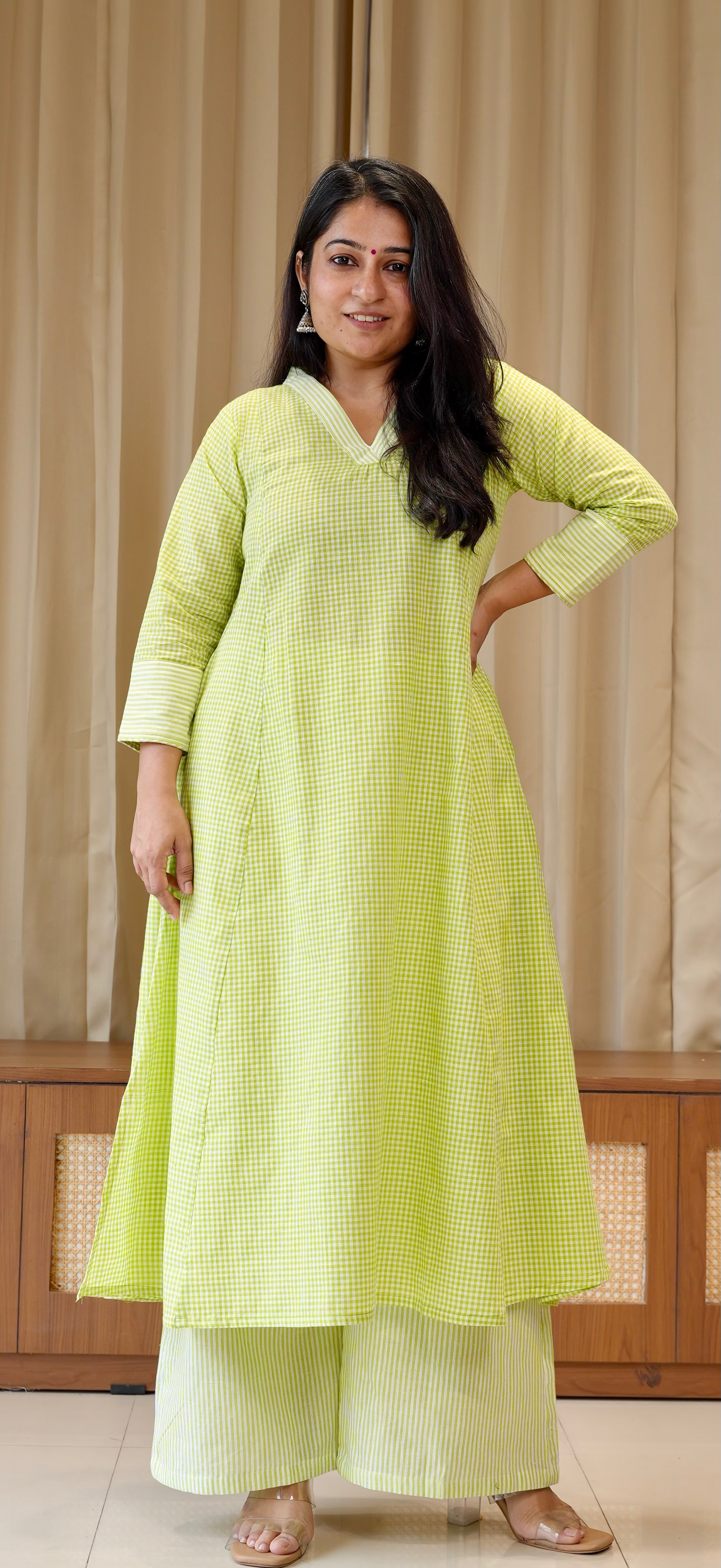 Green Small Checks+Stripes Handwoven Cotton Kurta