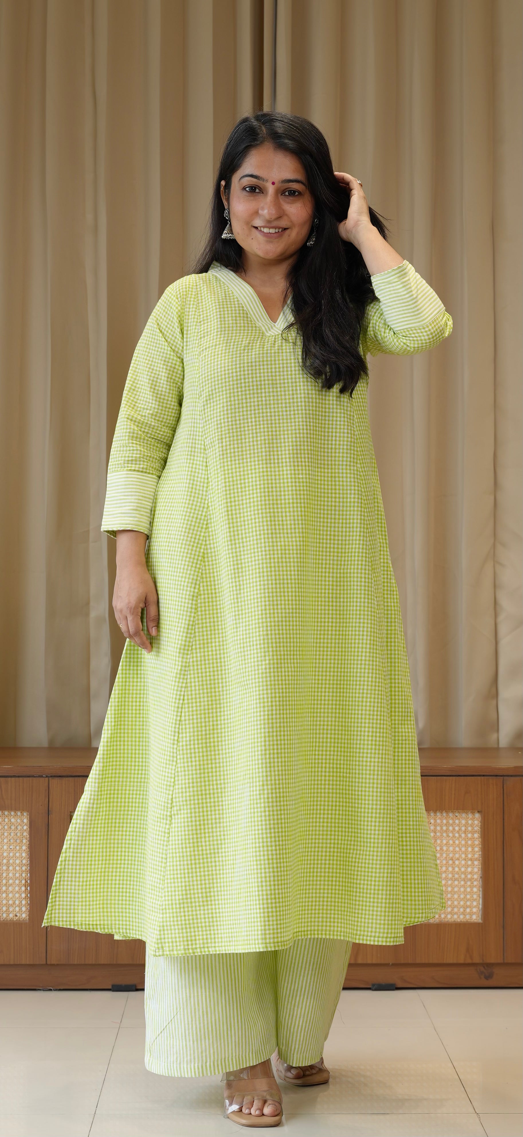 Green Small Checks+Stripes Handwoven Cotton Kurta