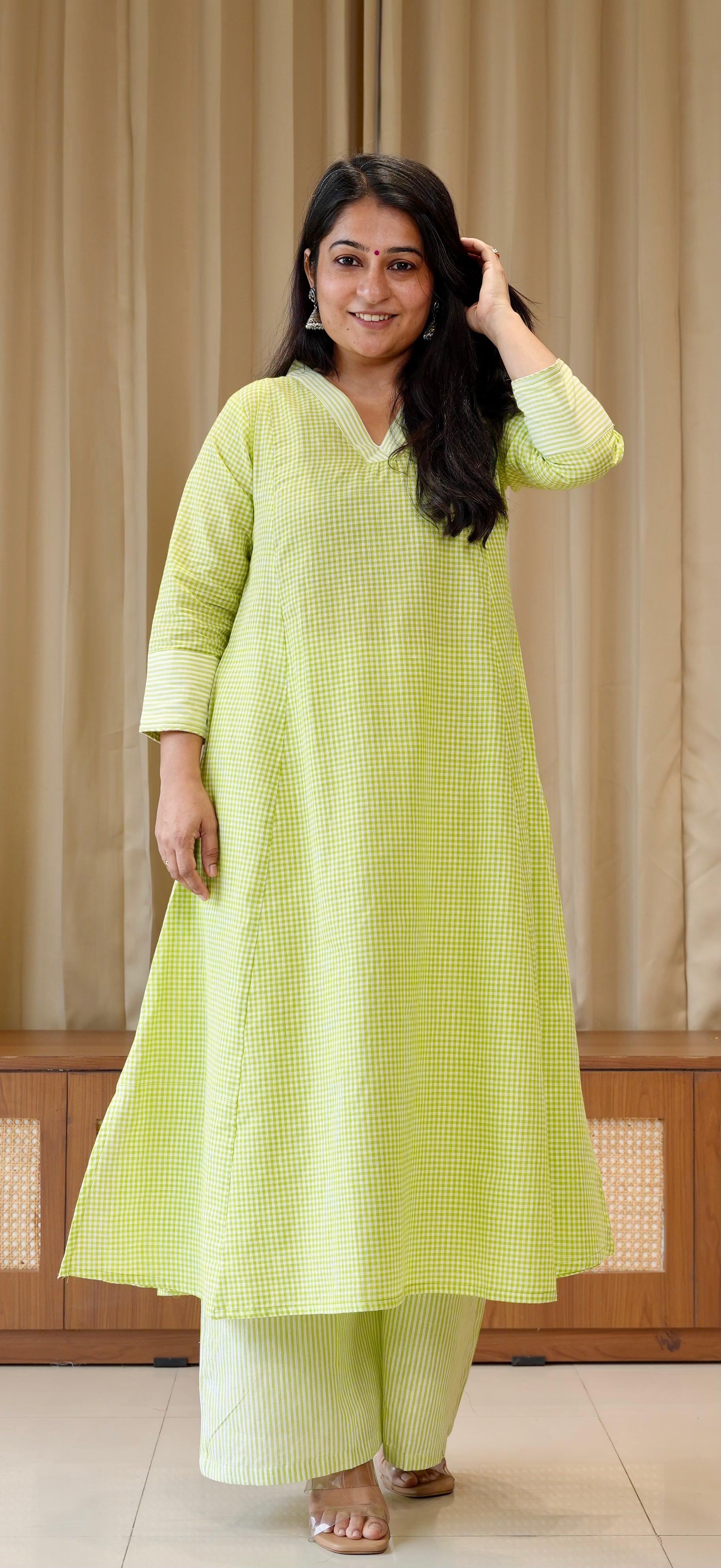 Green Small Checks+Stripes Handwoven Cotton Kurta