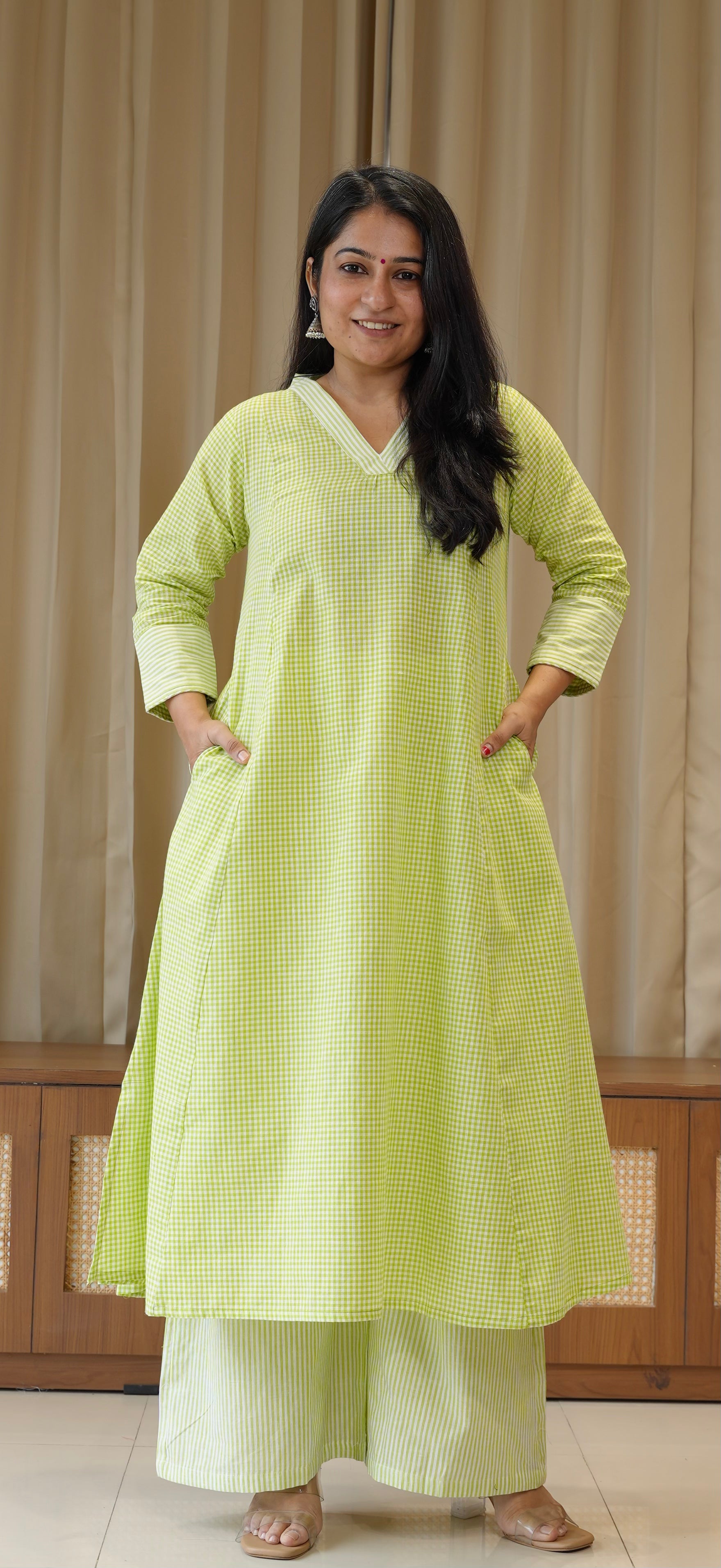 Green Small Checks+Stripes Handwoven Cotton Kurta