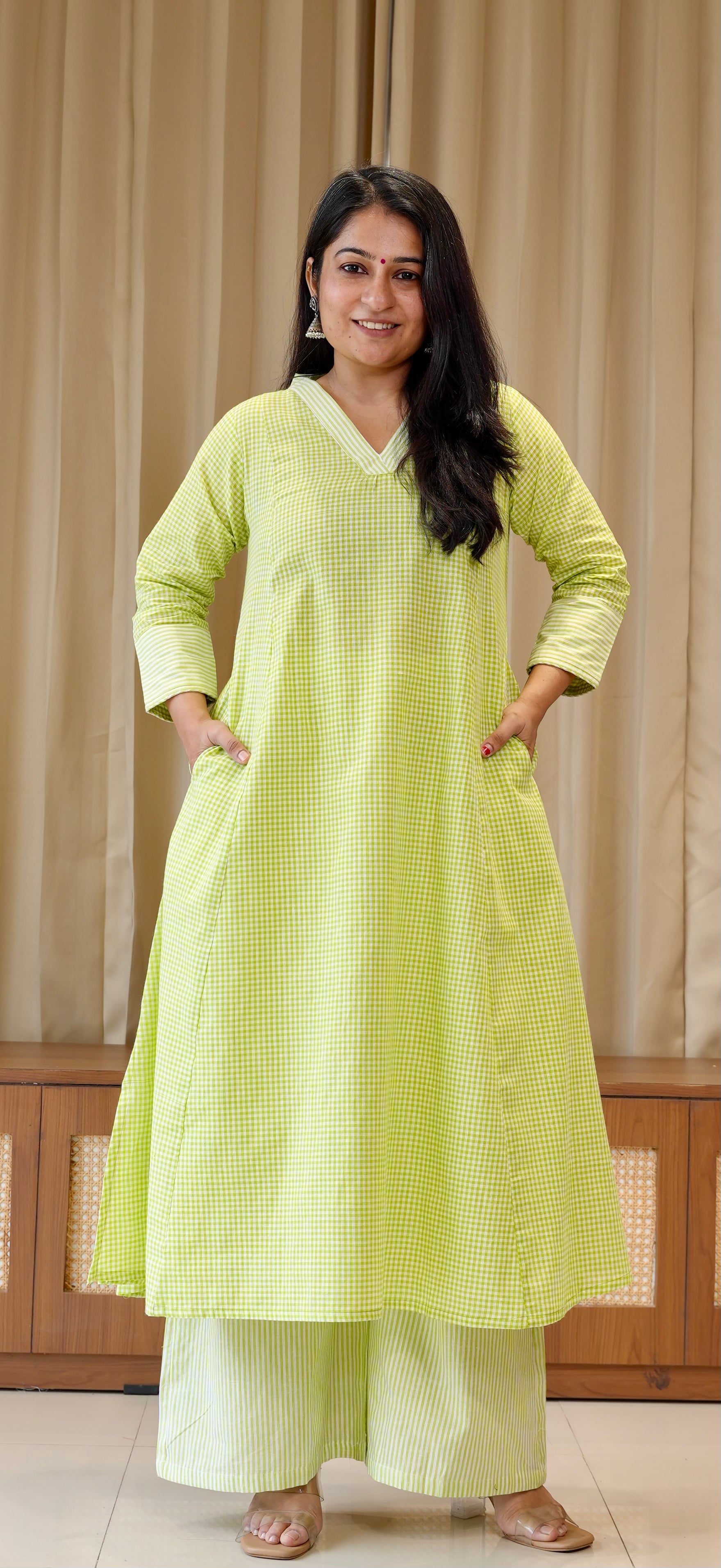 Green Small Checks+Stripes Handwoven Cotton Kurta
