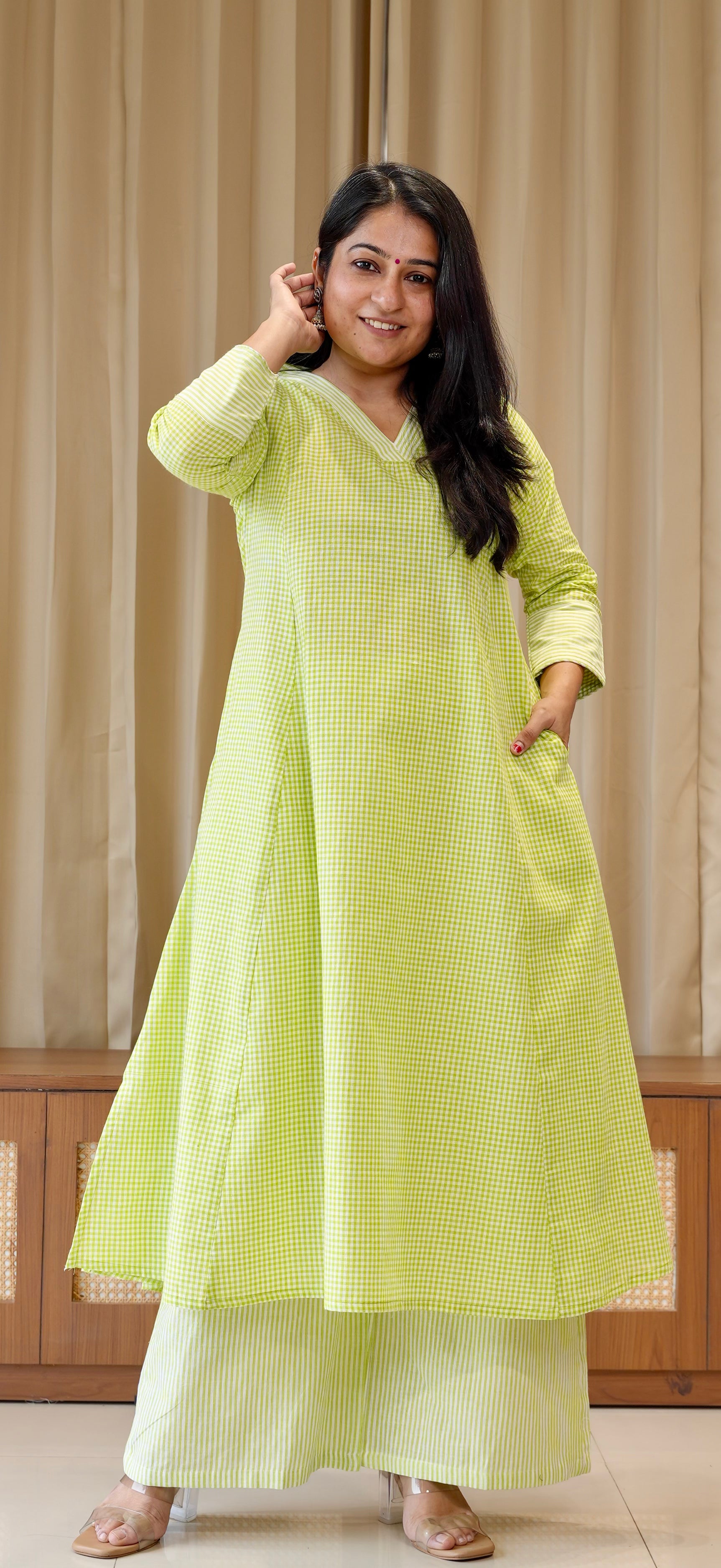 Green Small Checks+Stripes Handwoven Cotton Kurta