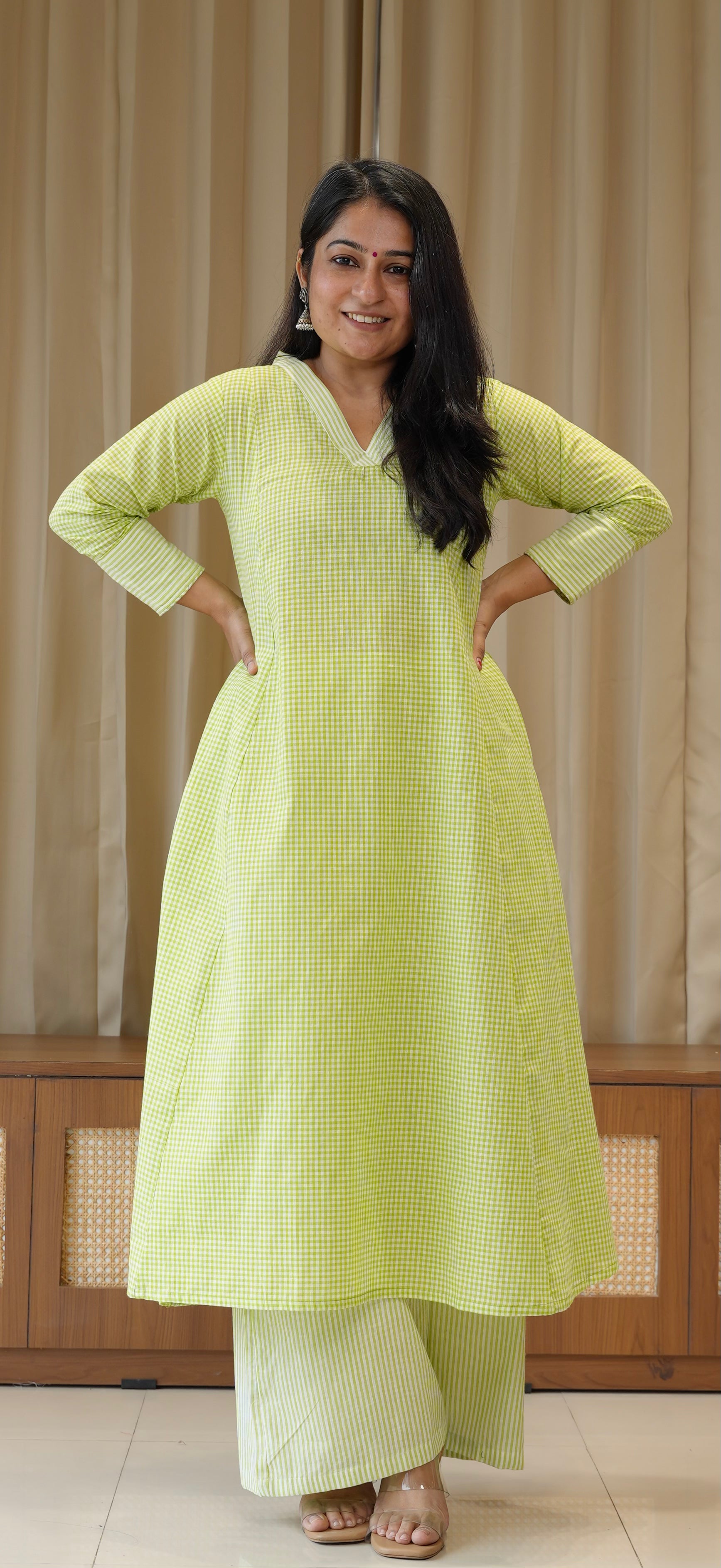 Green Small Checks+Stripes Handwoven Cotton Kurta