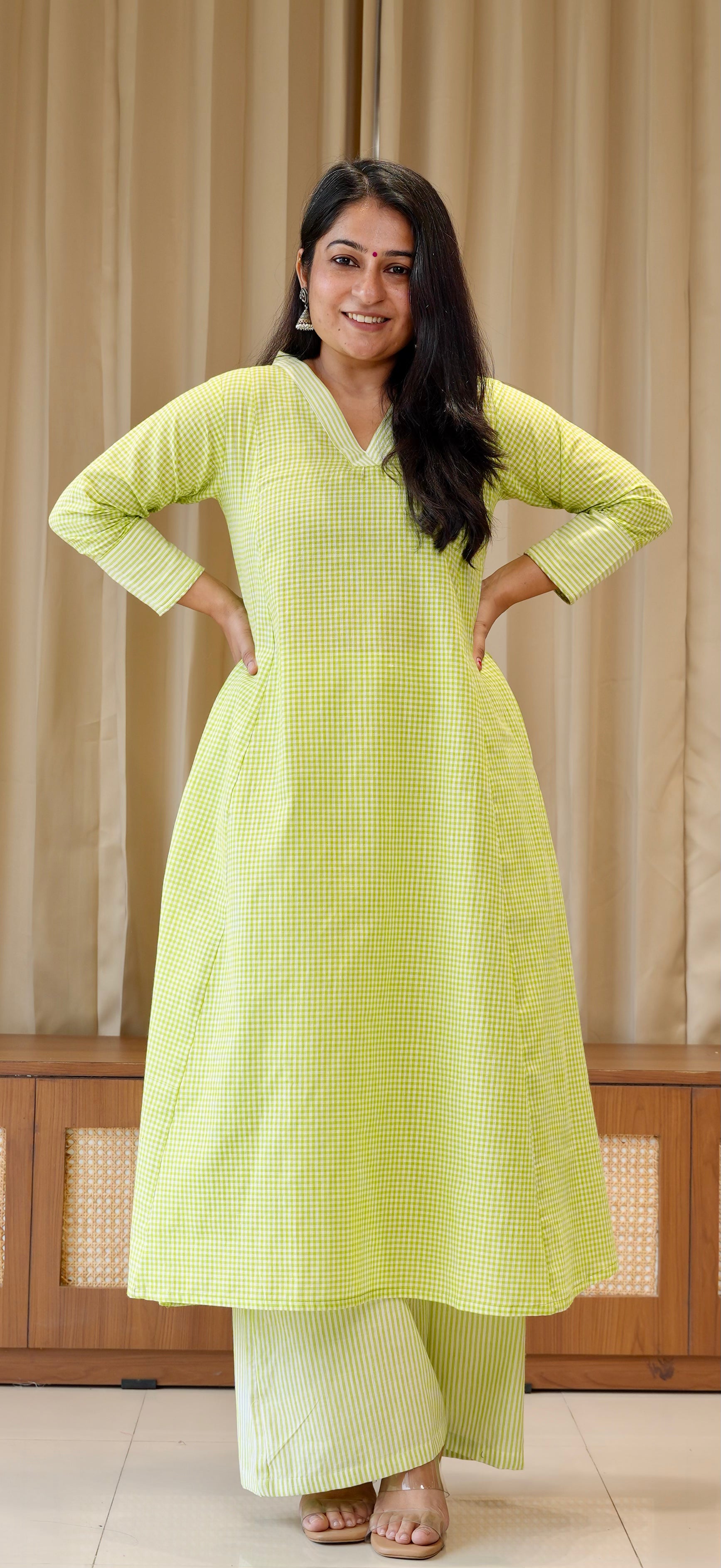 Green Small Checks+Stripes Handwoven Cotton Kurta