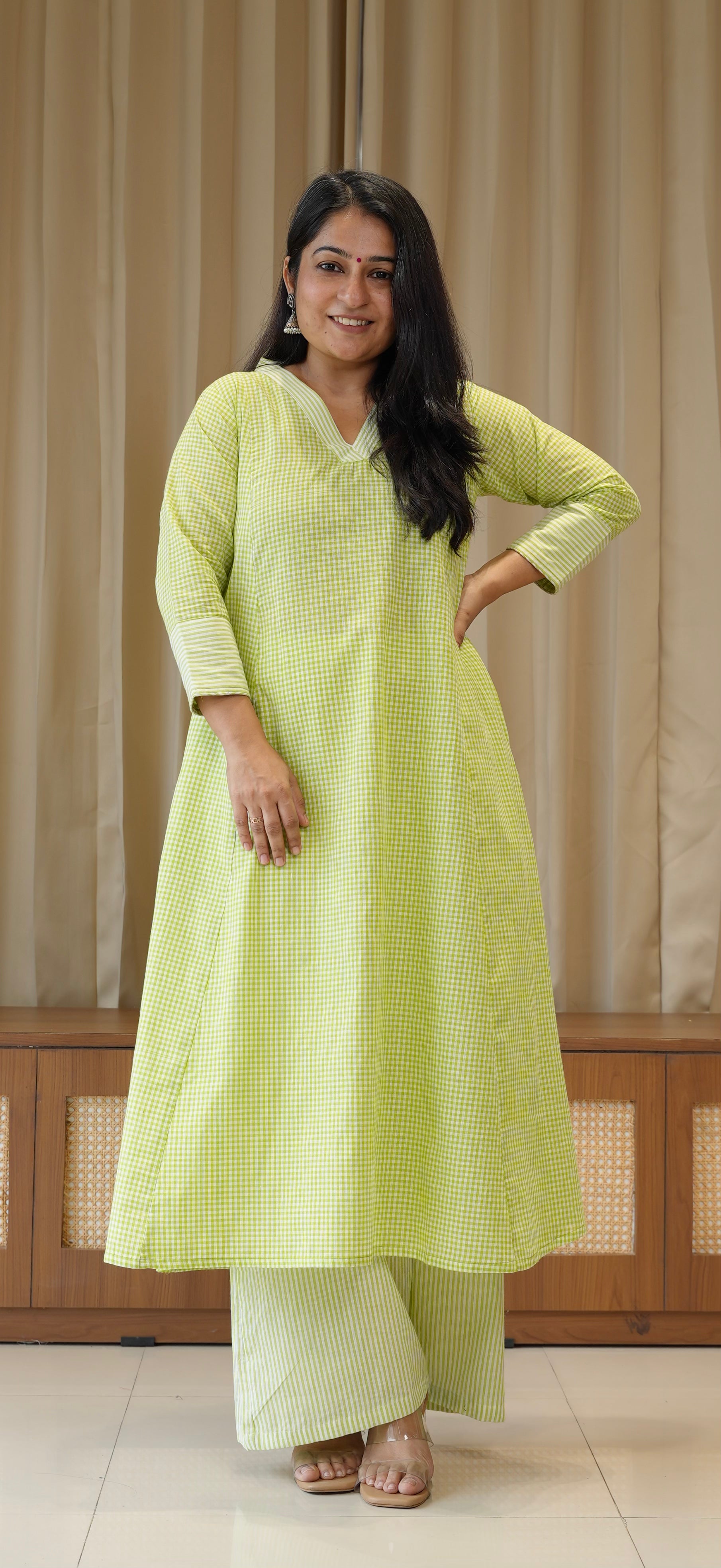 Green Small Checks+Stripes Handwoven Cotton Kurta