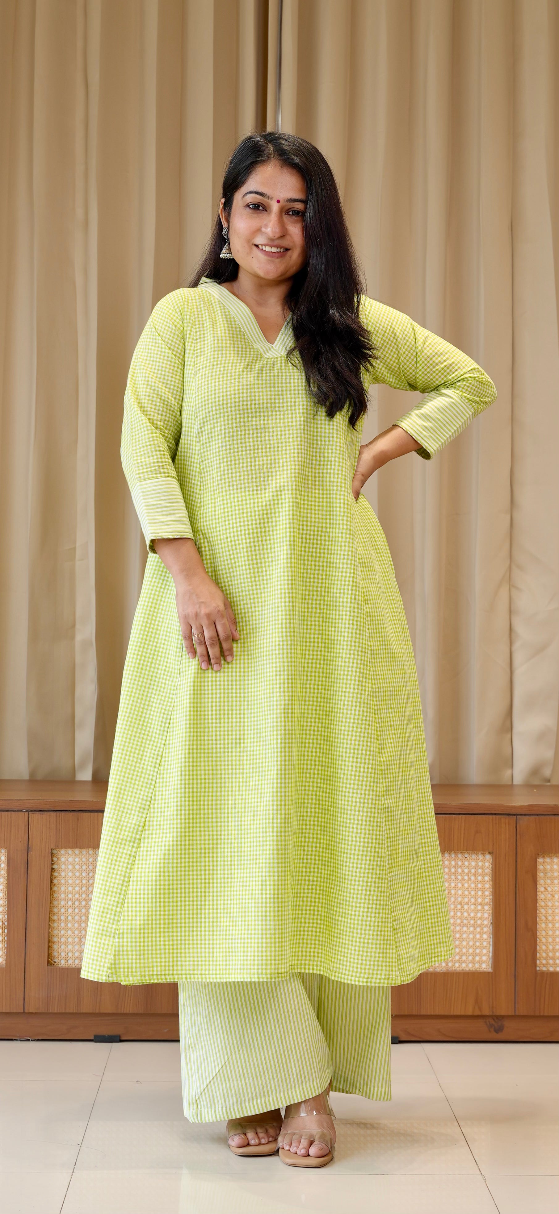 Green Small Checks+Stripes Handwoven Cotton Kurta
