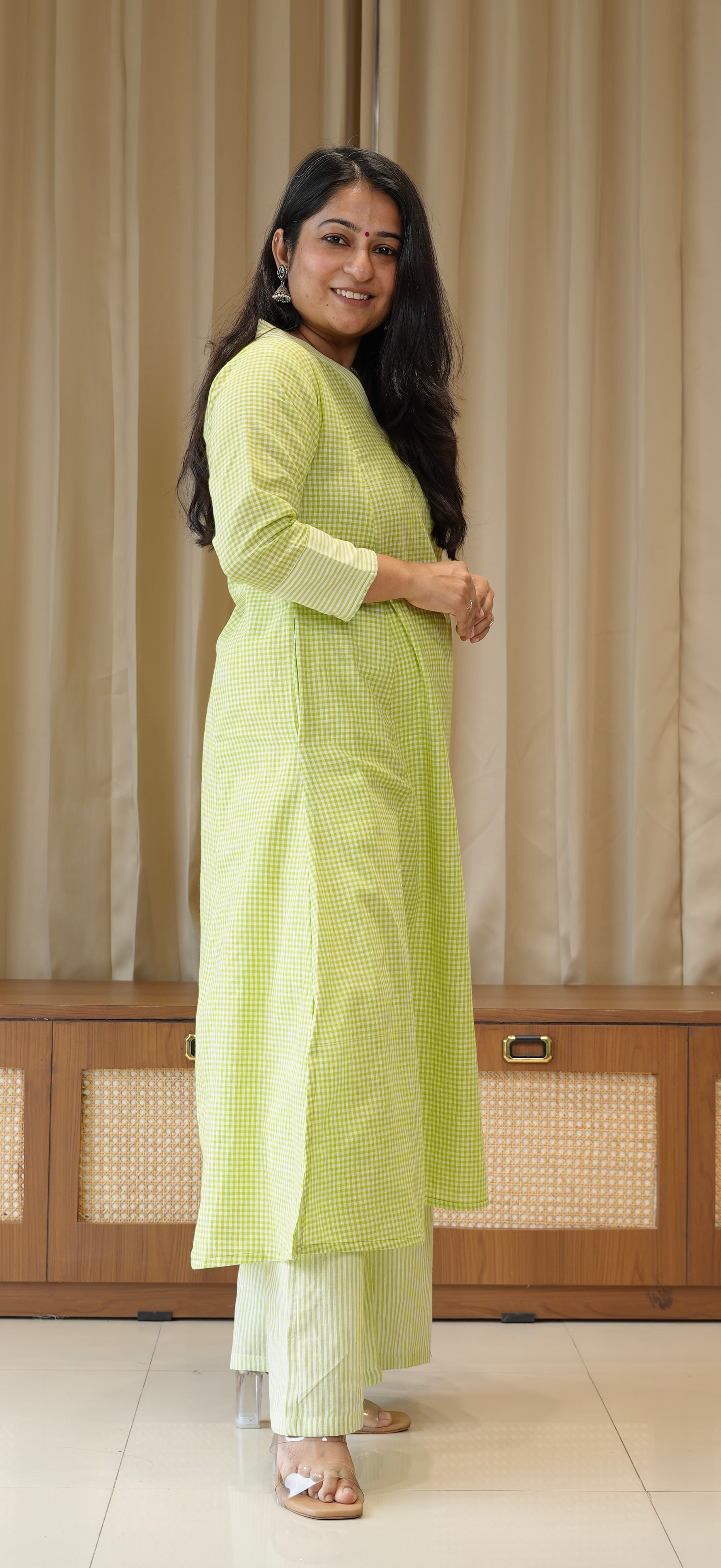 Green Small Checks+Stripes Handwoven Cotton Kurta