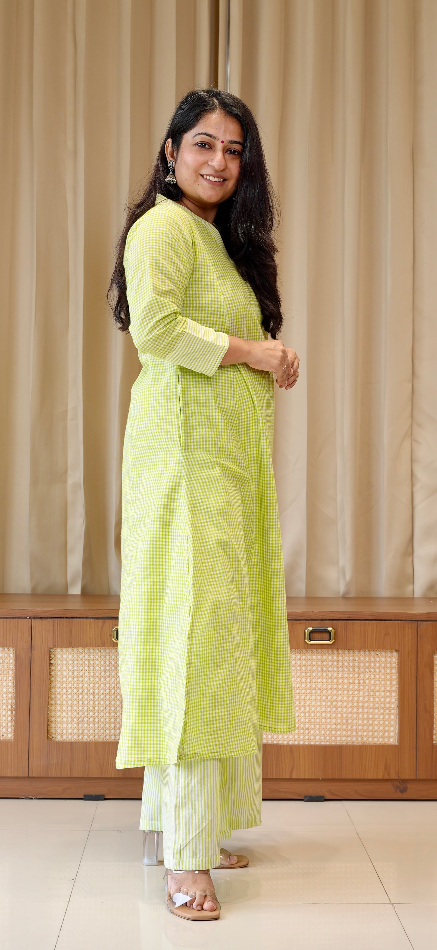 Green Small Checks+Stripes Handwoven Cotton Kurta