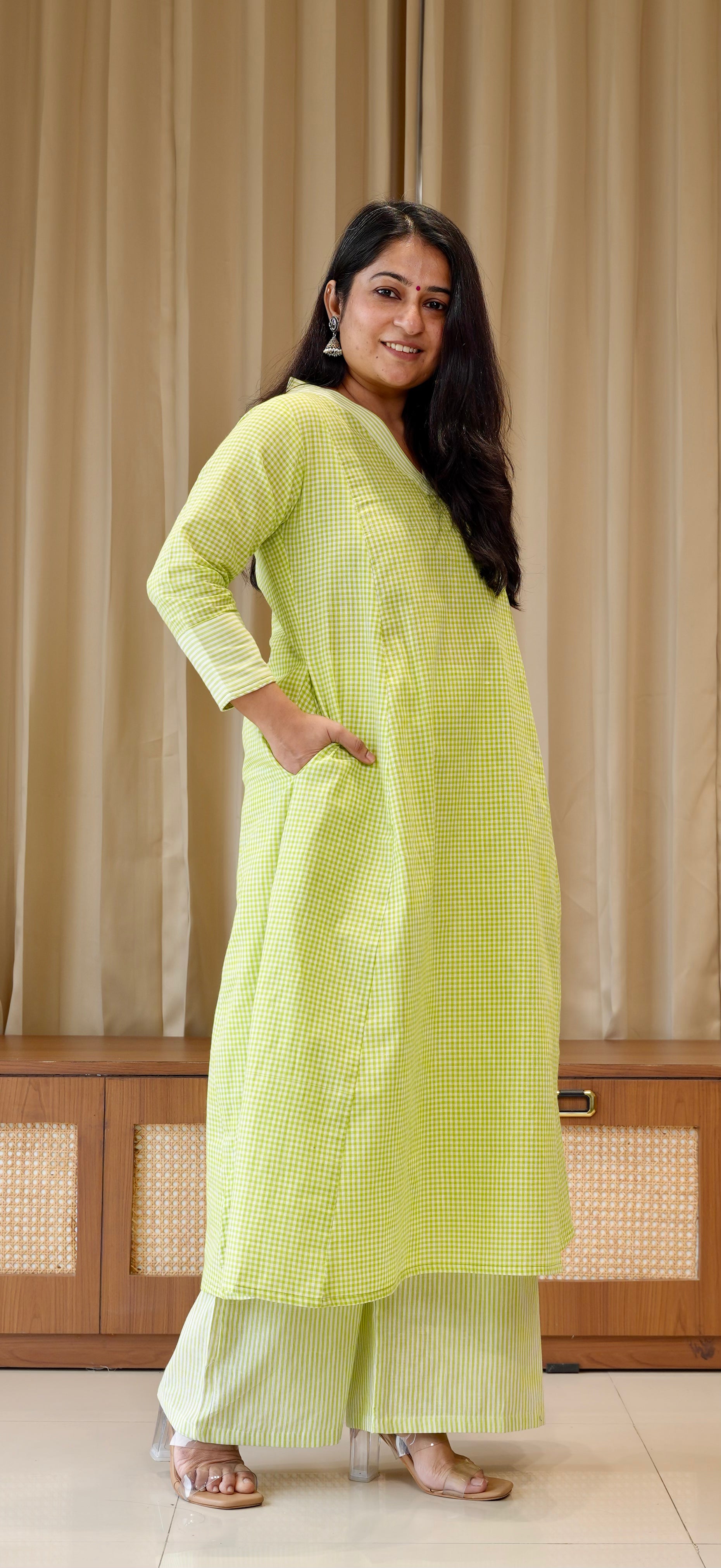 Green Small Checks+Stripes Handwoven Cotton Kurta