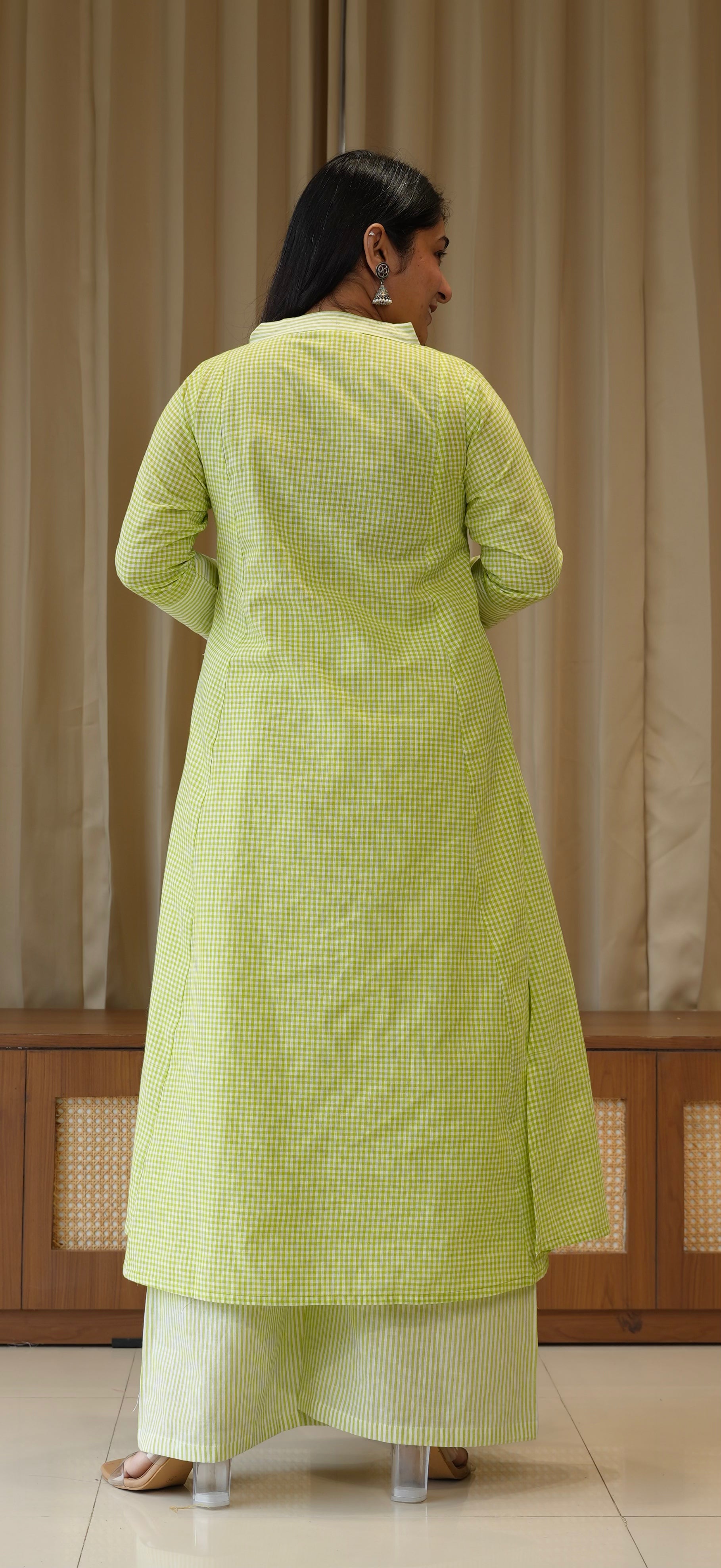 Green Small Checks+Stripes Handwoven Cotton Kurta
