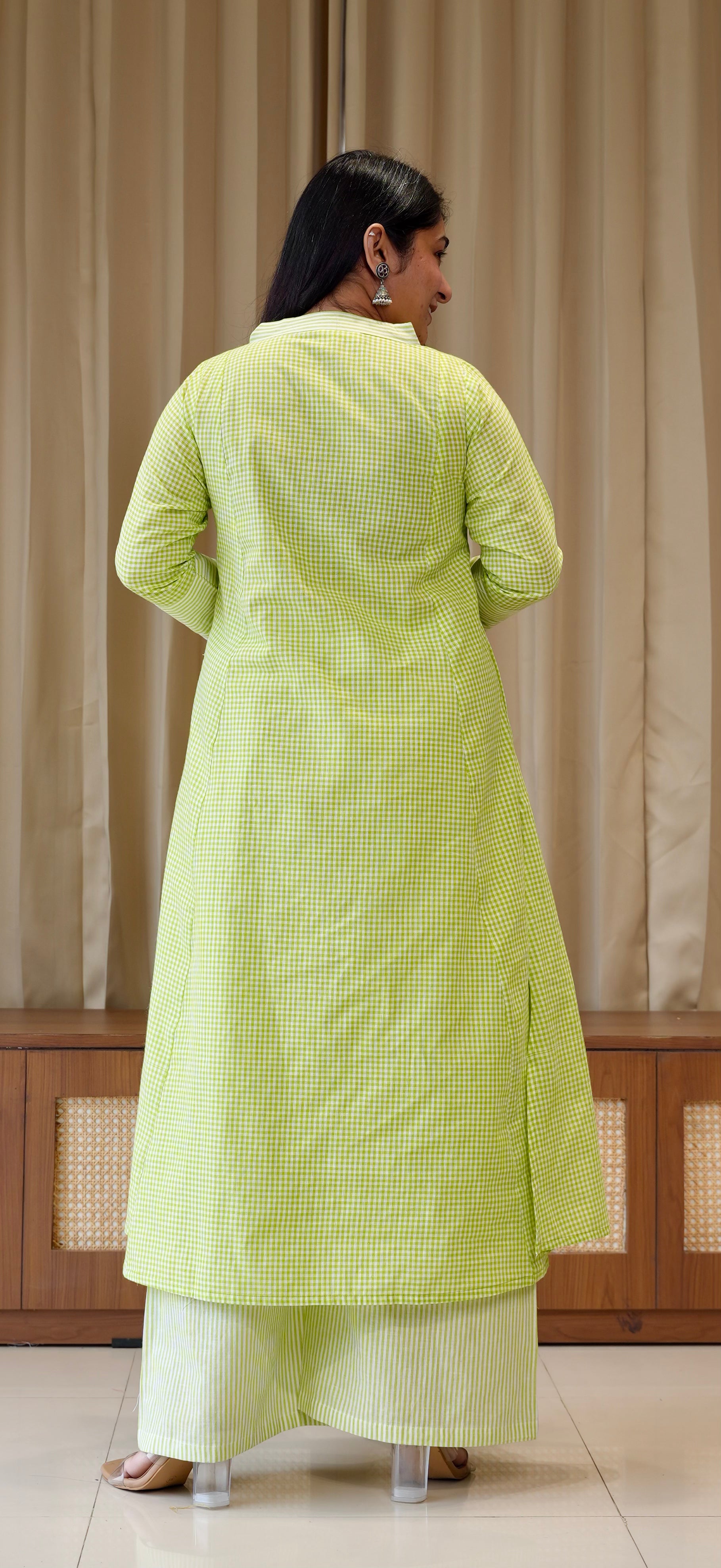 Green Small Checks+Stripes Handwoven Cotton Kurta