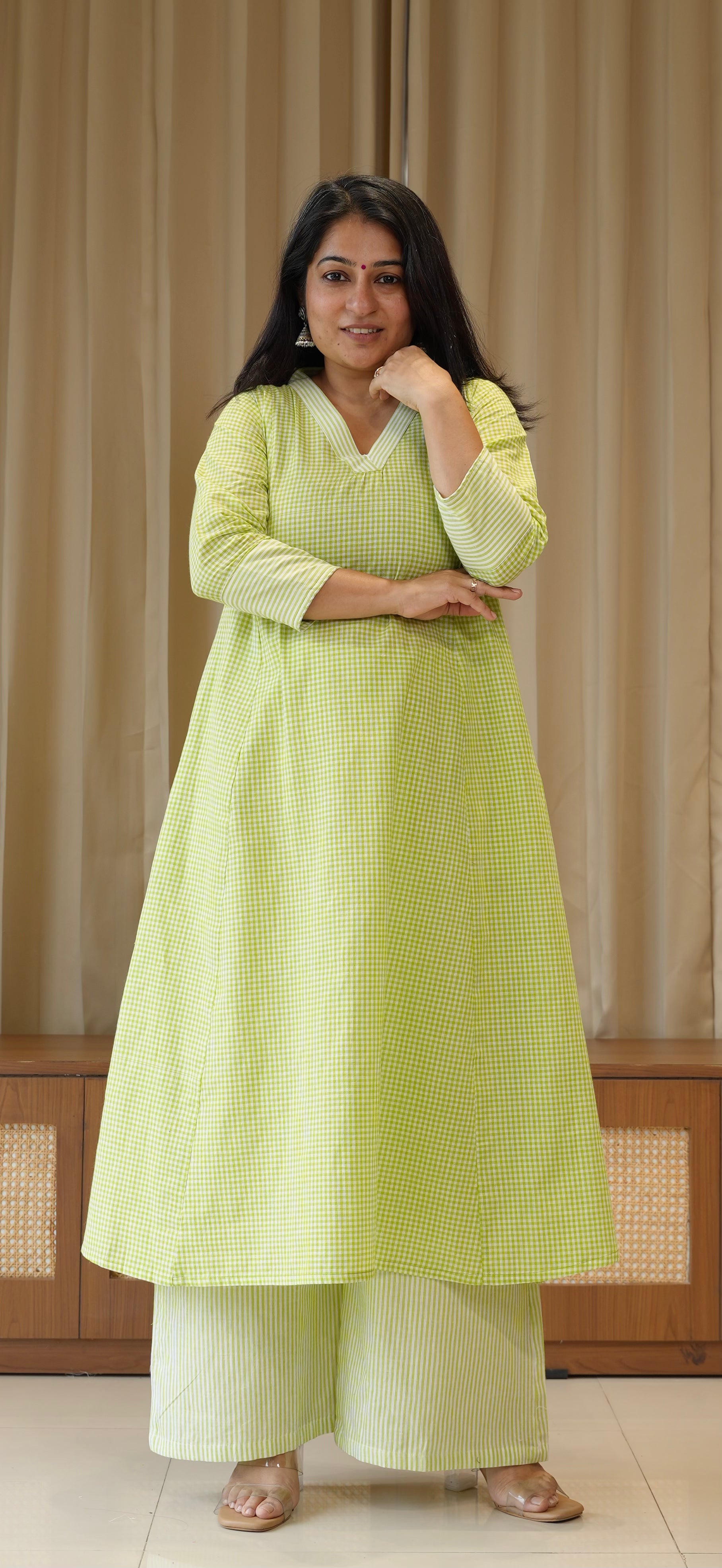Green Small Checks+Stripes Handwoven Cotton Kurta