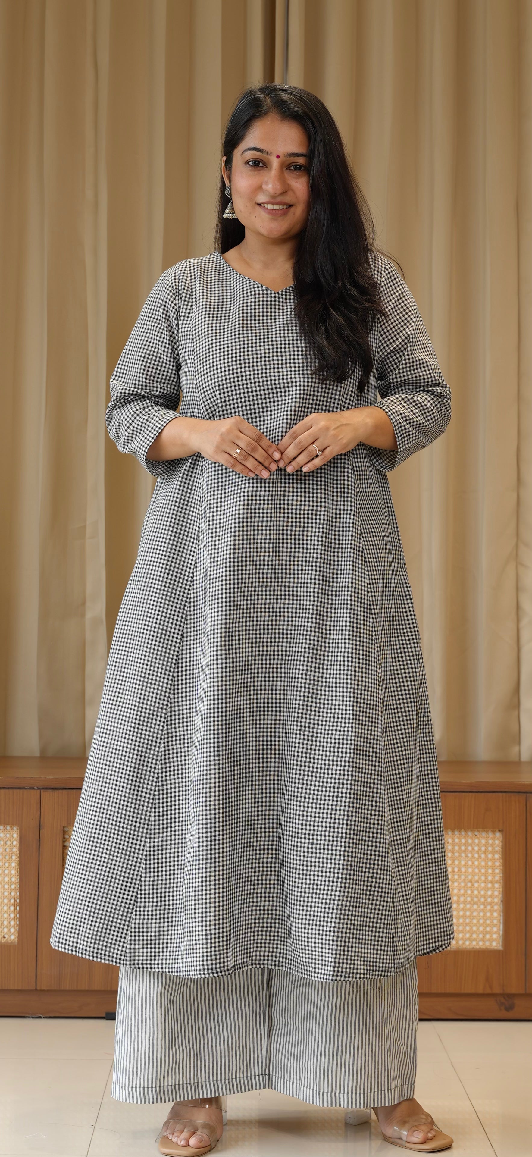 Black Small Checks+Stripes Handwoven Cotton Kurta