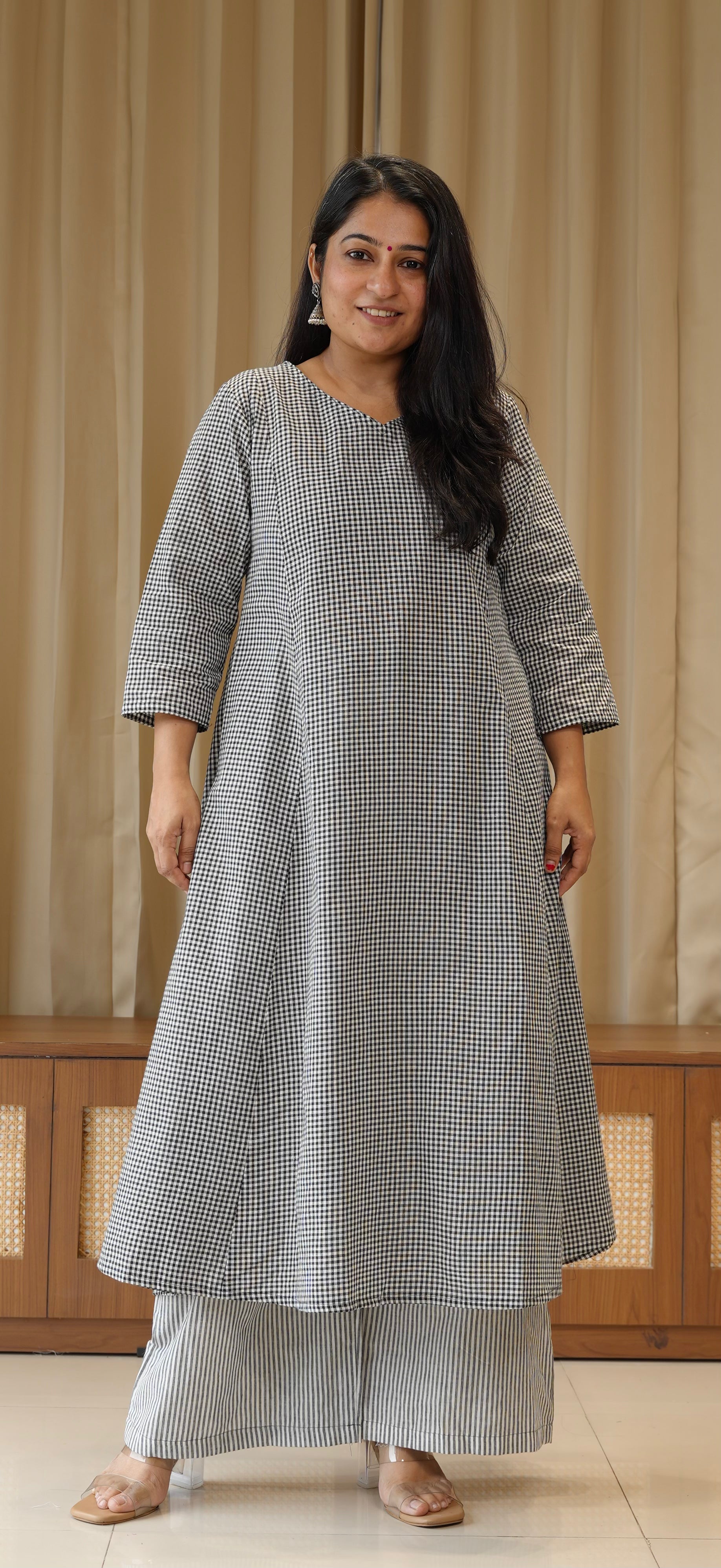 Black Small Checks+Stripes Handwoven Cotton Kurta