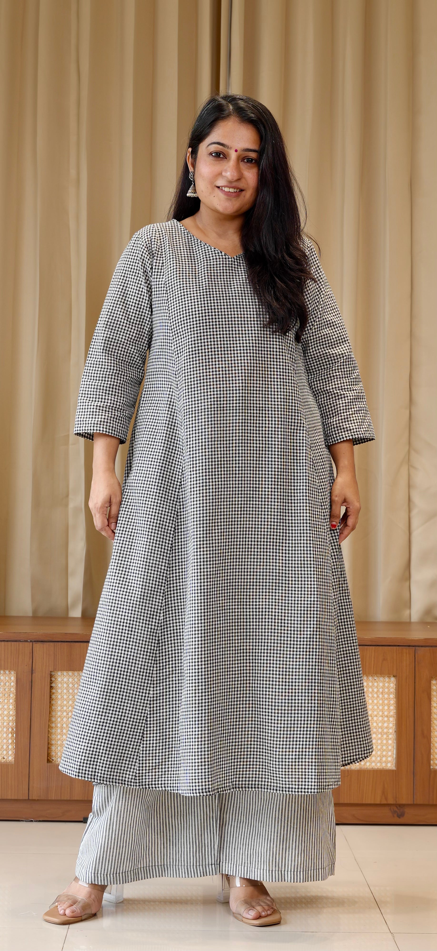 Black Small Checks+Stripes Handwoven Cotton Kurta