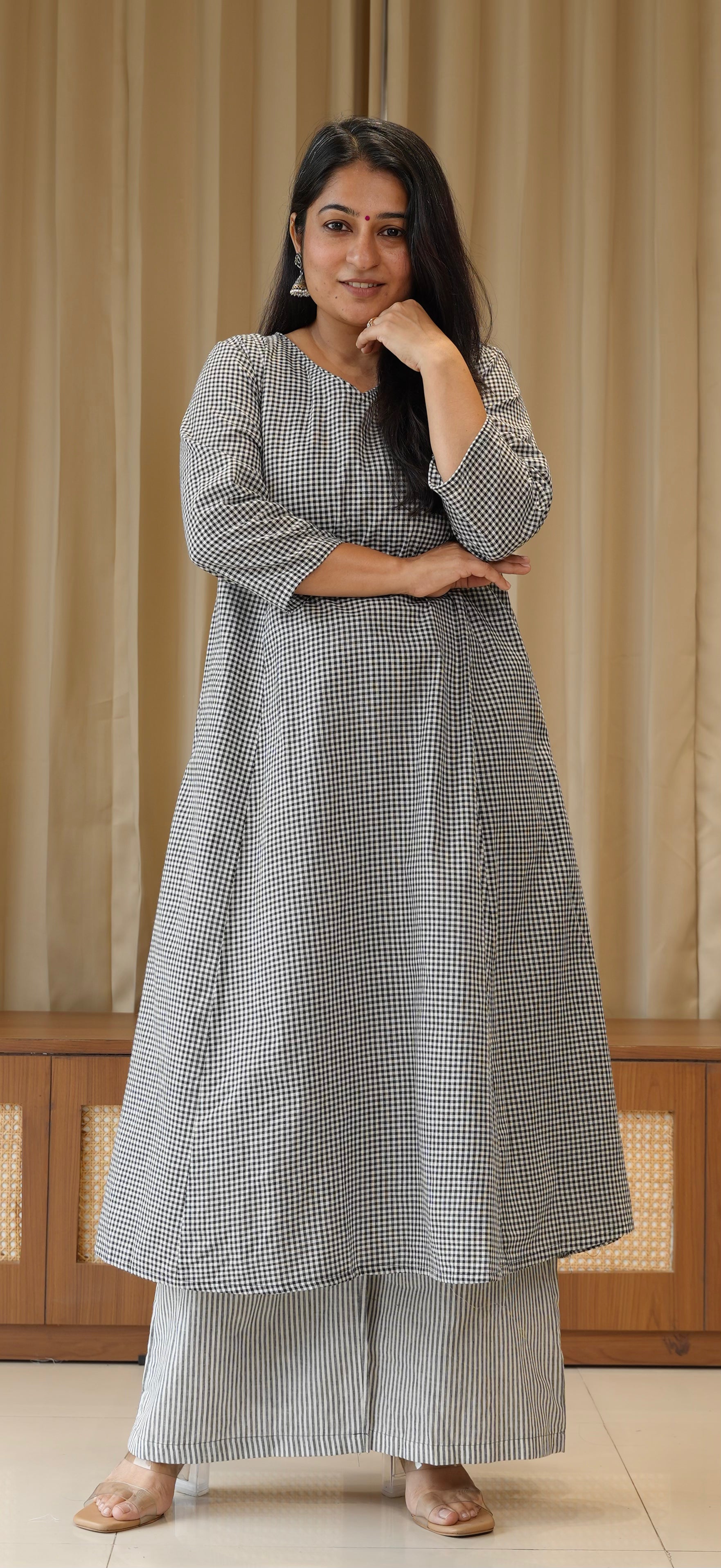 Black Small Checks+Stripes Handwoven Cotton Kurta