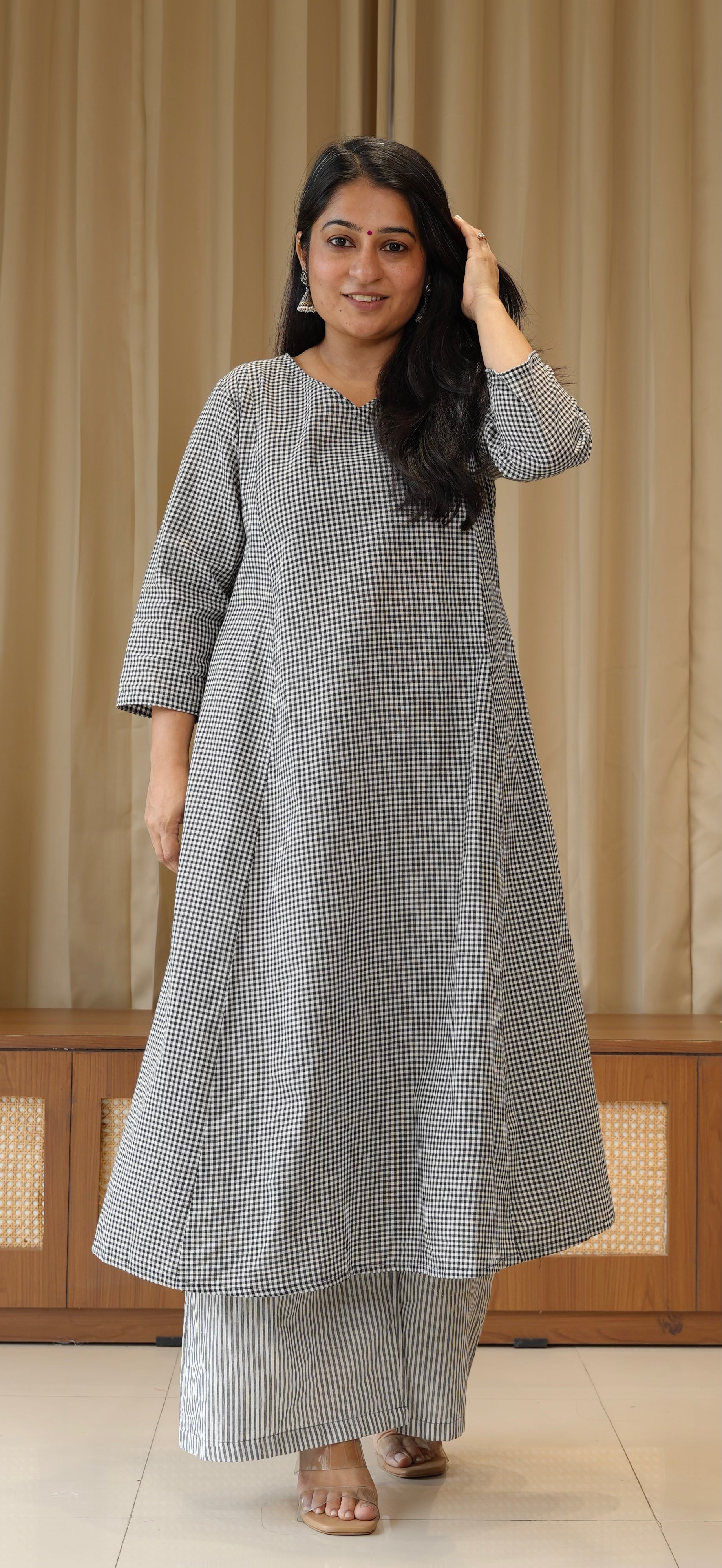 Black Small Checks+Stripes Handwoven Cotton Kurta