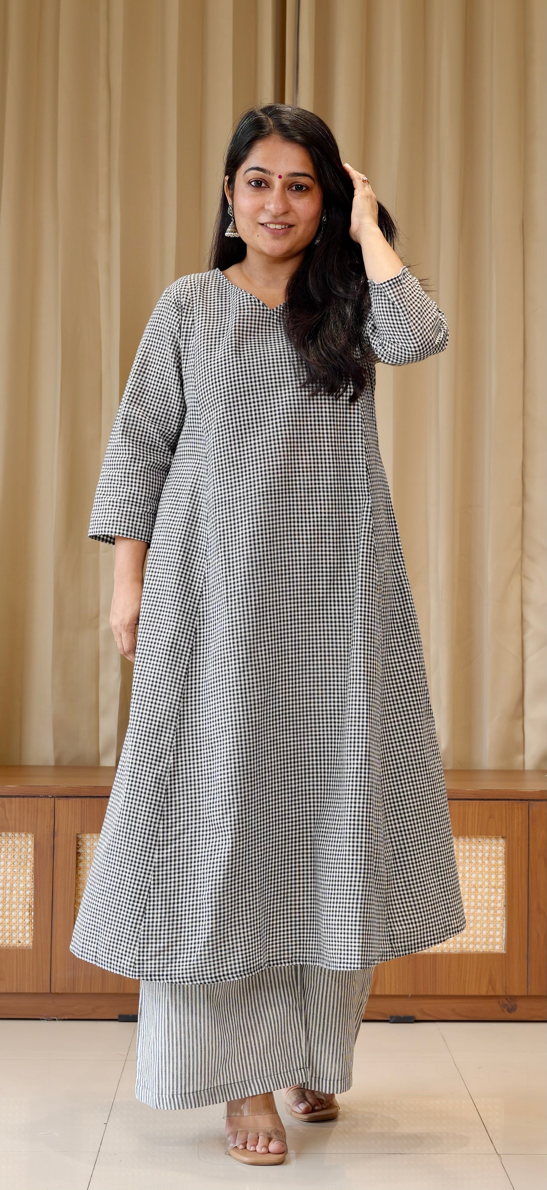 Black Small Checks+Stripes Handwoven Cotton Kurta