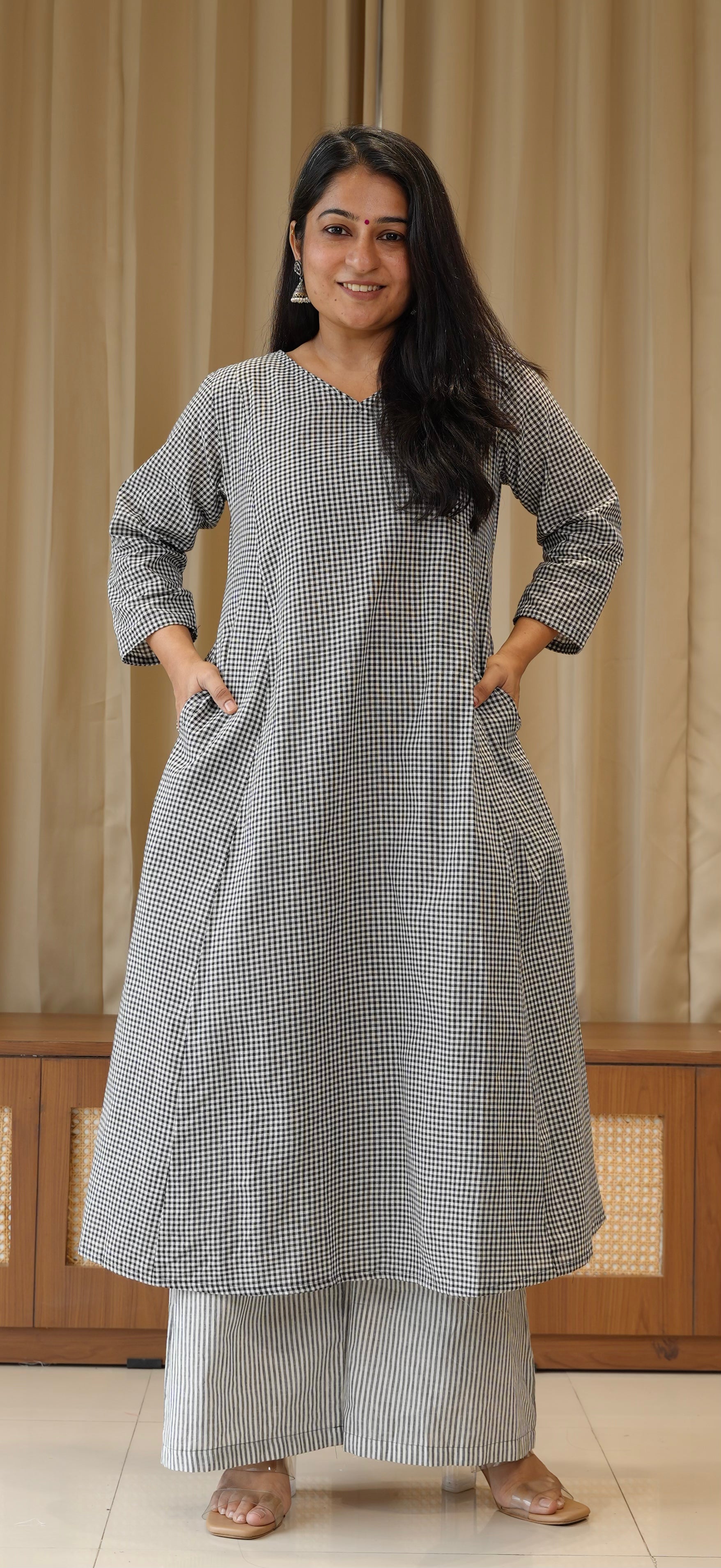 Black Small Checks+Stripes Handwoven Cotton Kurta