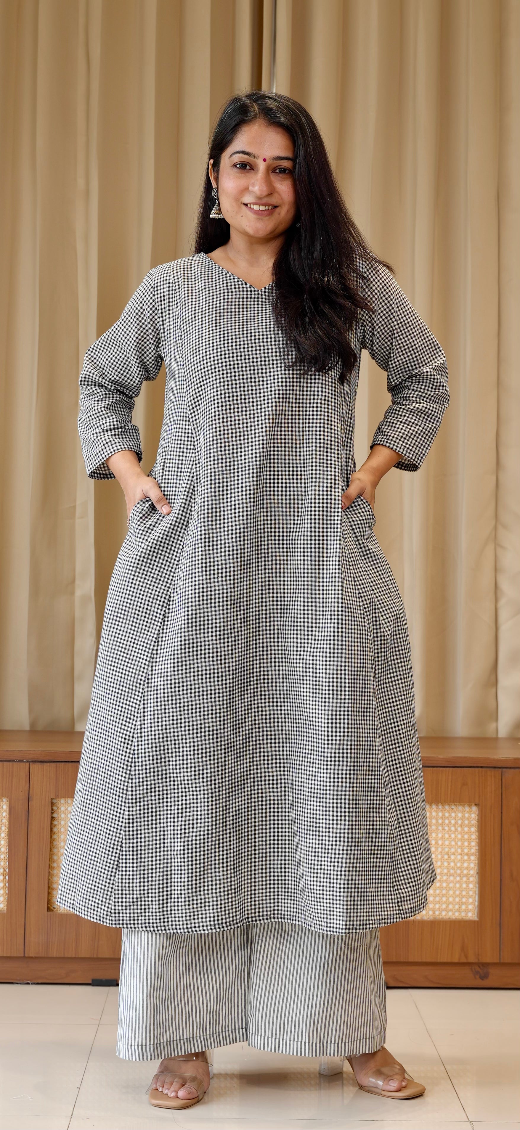 Black Small Checks+Stripes Handwoven Cotton Kurta