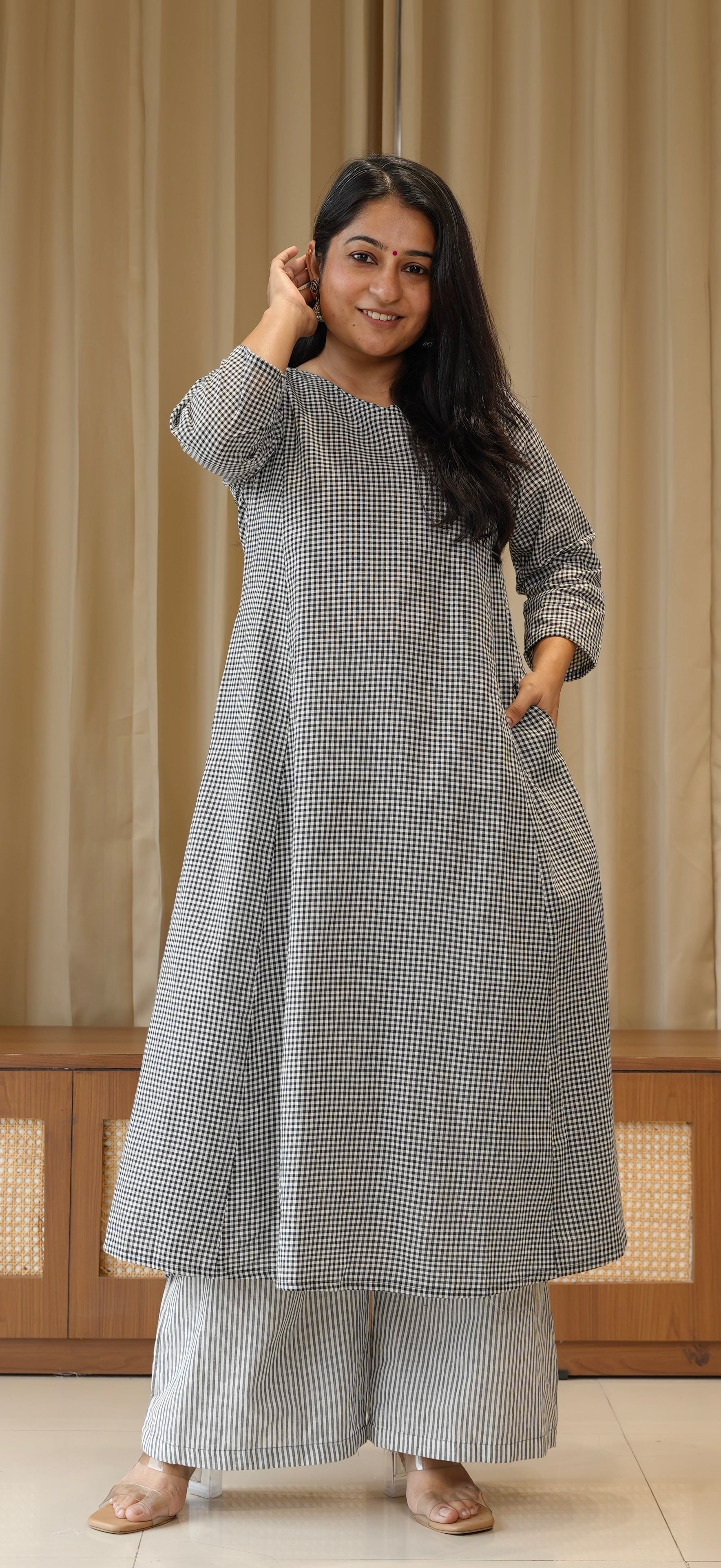 Black Small Checks+Stripes Handwoven Cotton Kurta