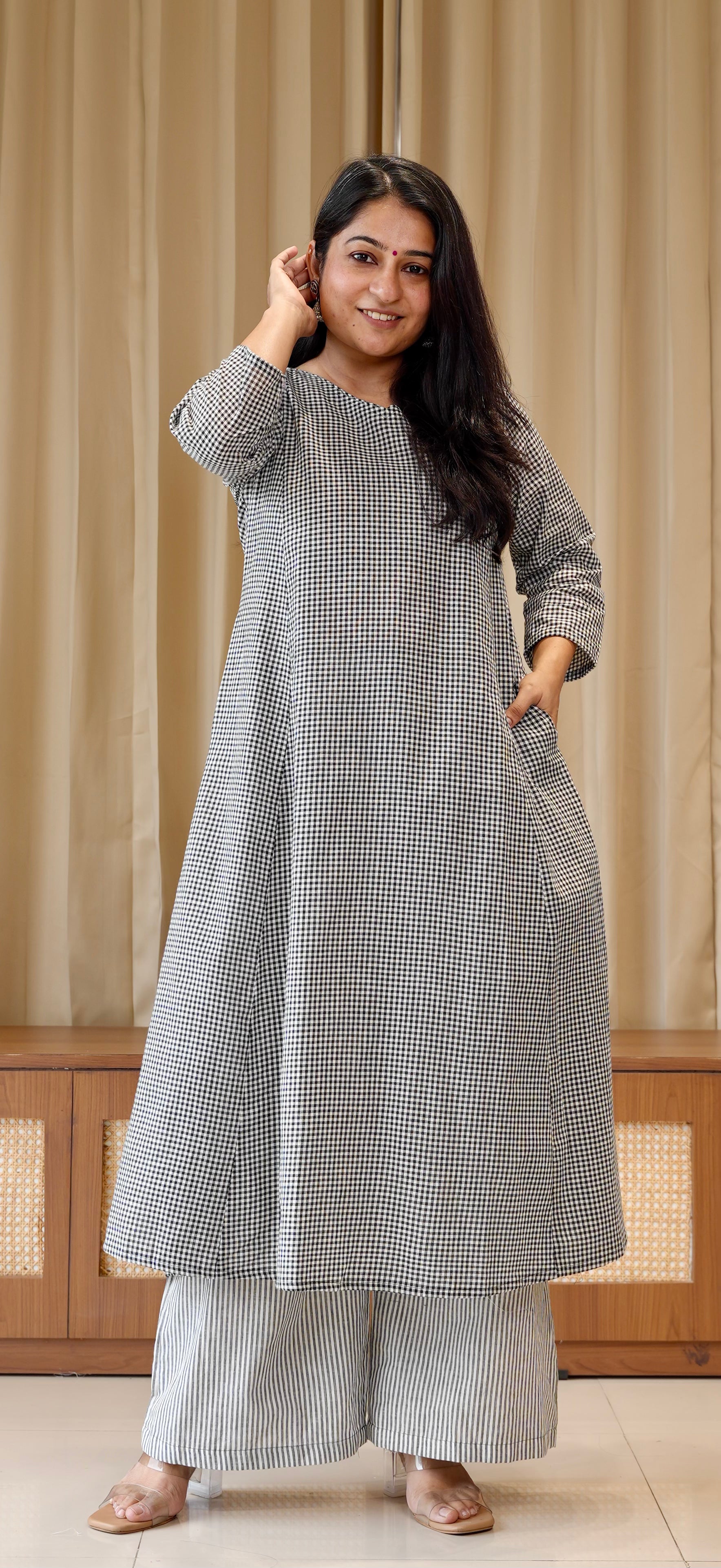 Black Small Checks+Stripes Handwoven Cotton Kurta