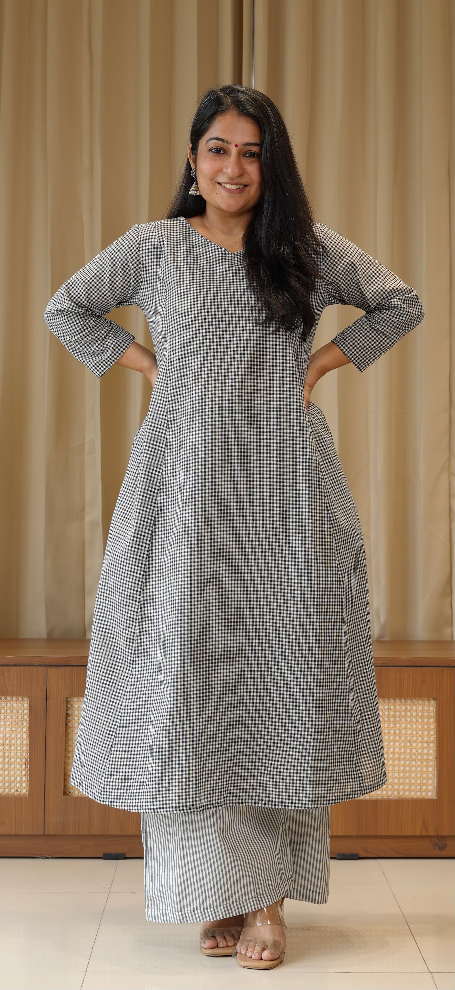 Black Small Checks+Stripes Handwoven Cotton Kurta