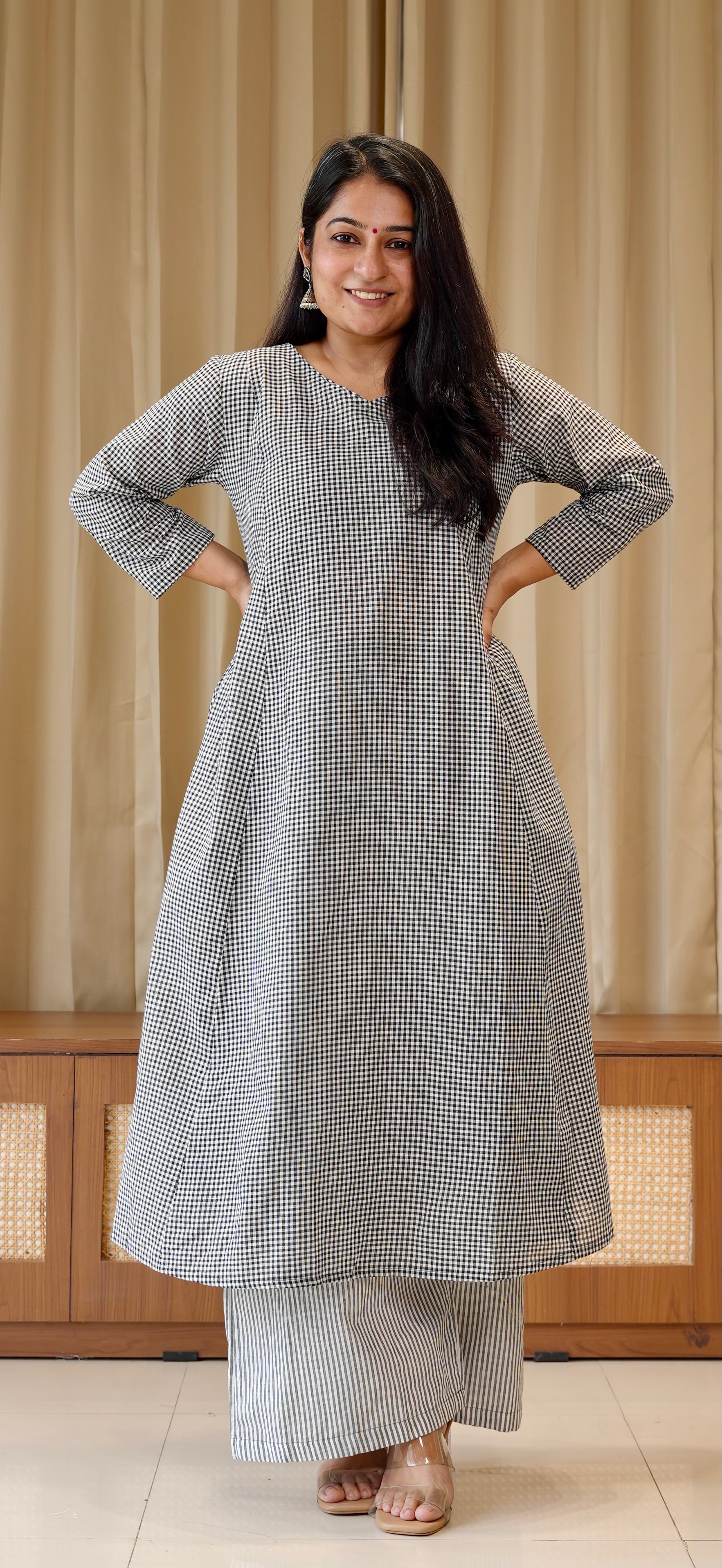 Black Small Checks+Stripes Handwoven Cotton Kurta