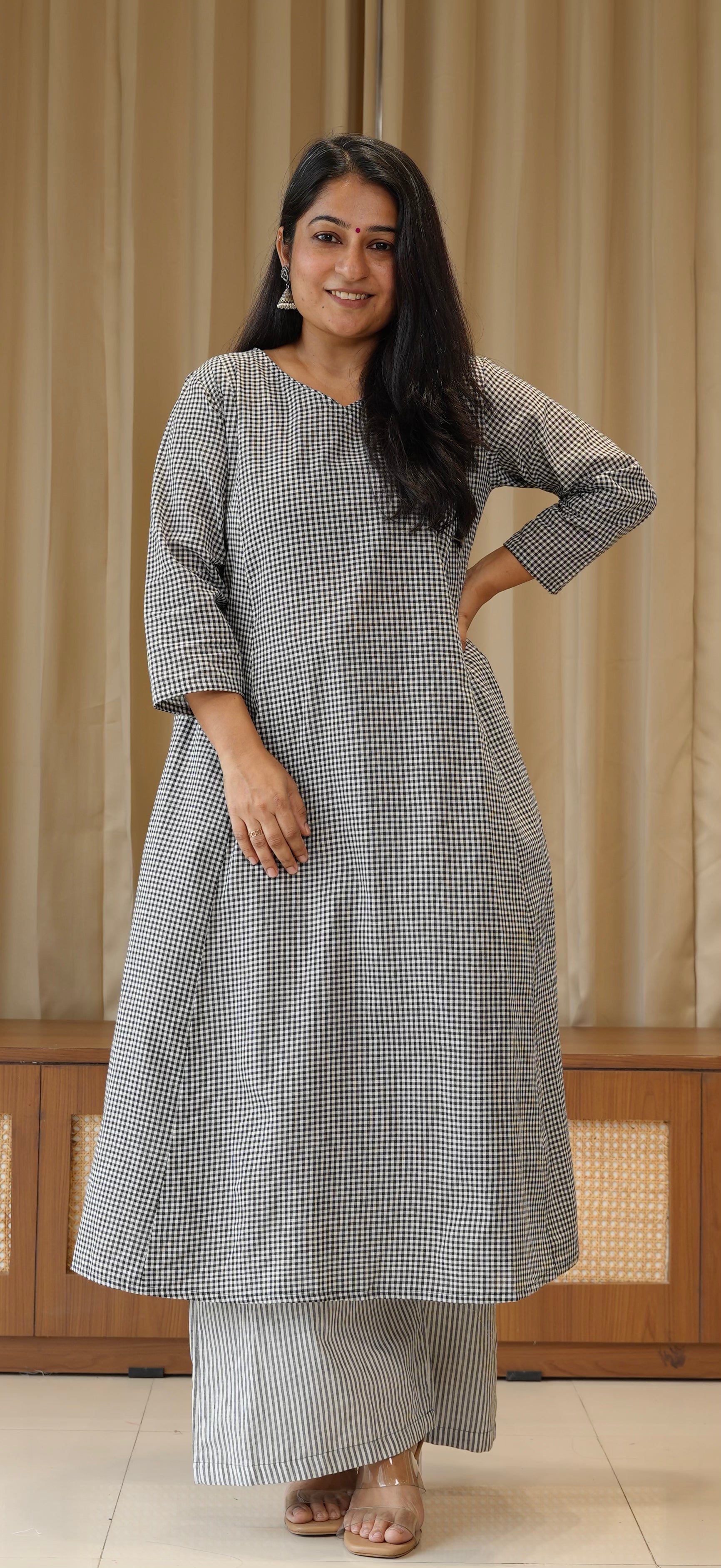 Black Small Checks+Stripes Handwoven Cotton Kurta