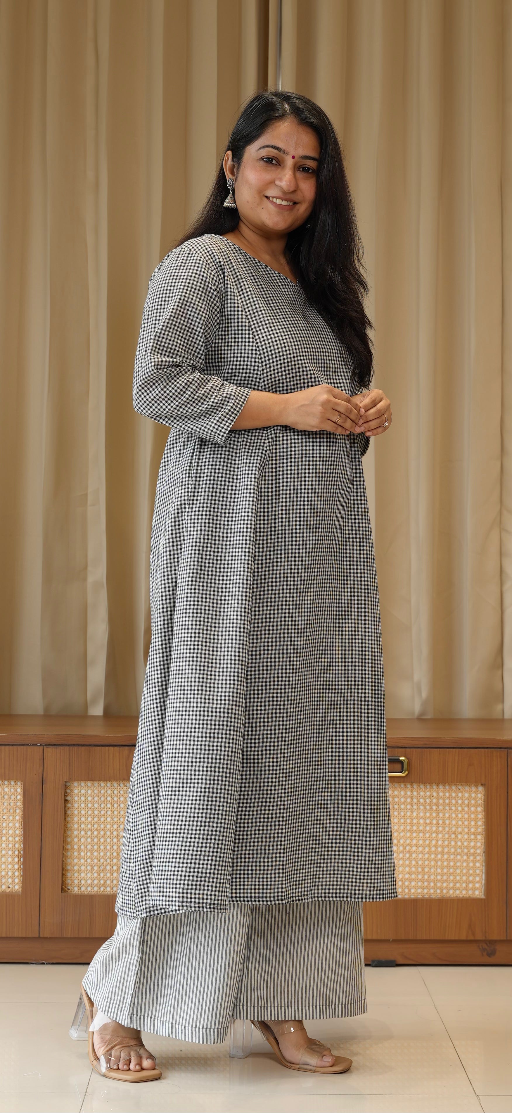 Black Small Checks+Stripes Handwoven Cotton Kurta