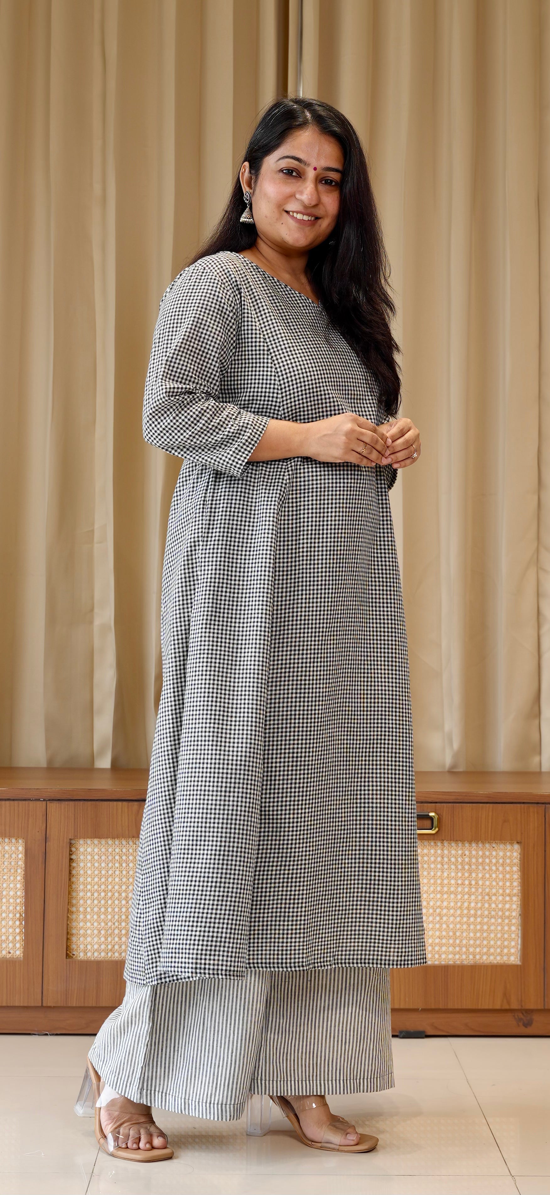 Black Small Checks+Stripes Handwoven Cotton Kurta