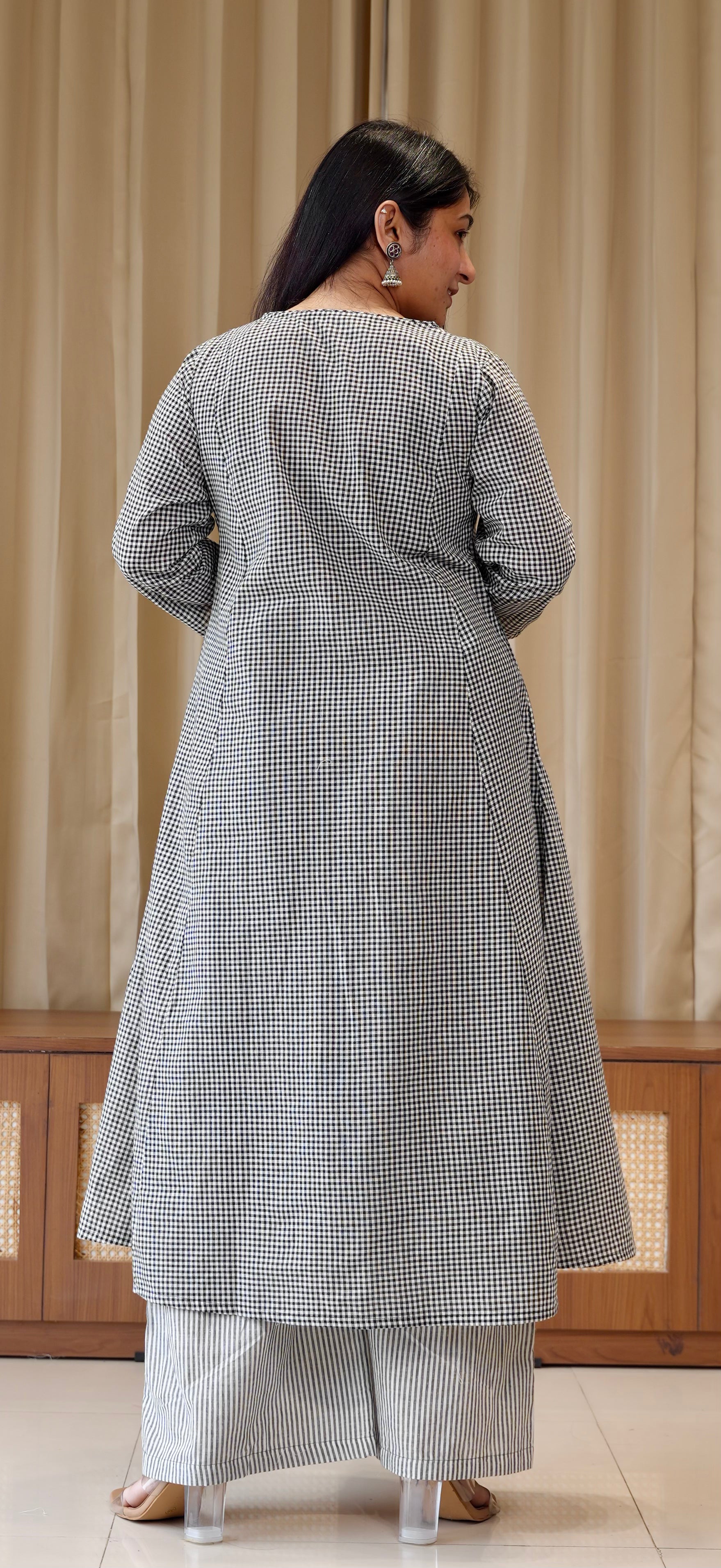 Black Small Checks+Stripes Handwoven Cotton Kurta