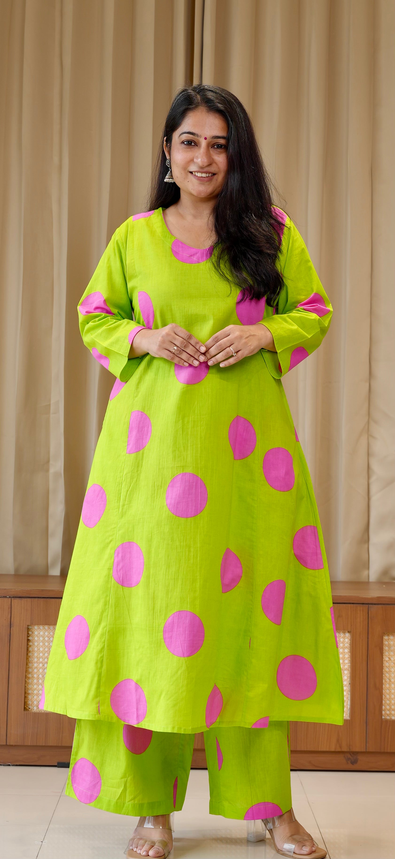 Green/Pink Polka Dots Cotton Kurta Set