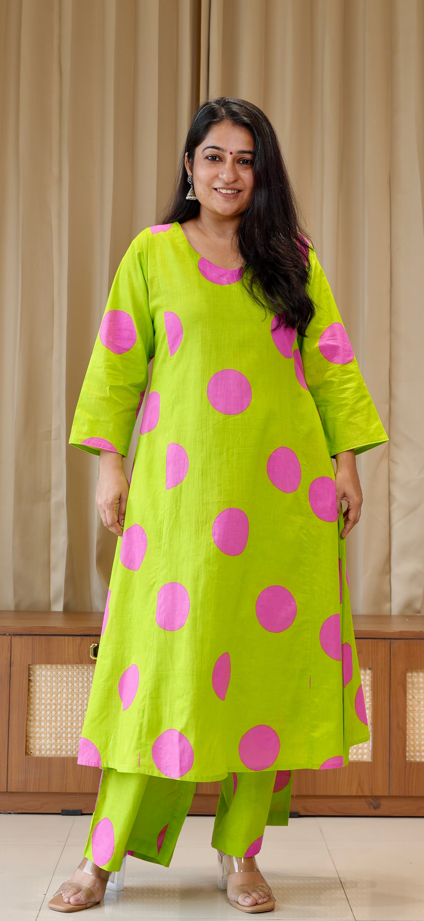 Green/Pink Polka Dots Cotton Kurta Set
