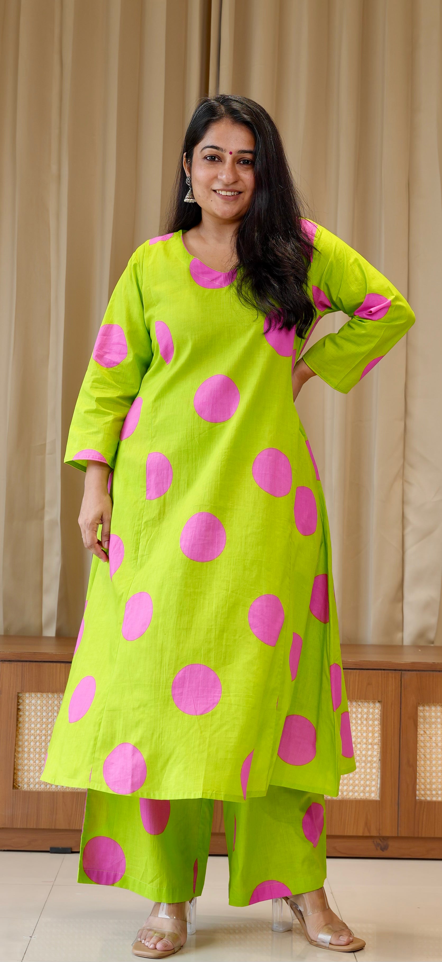 Green/Pink Polka Dots Cotton Kurta Set