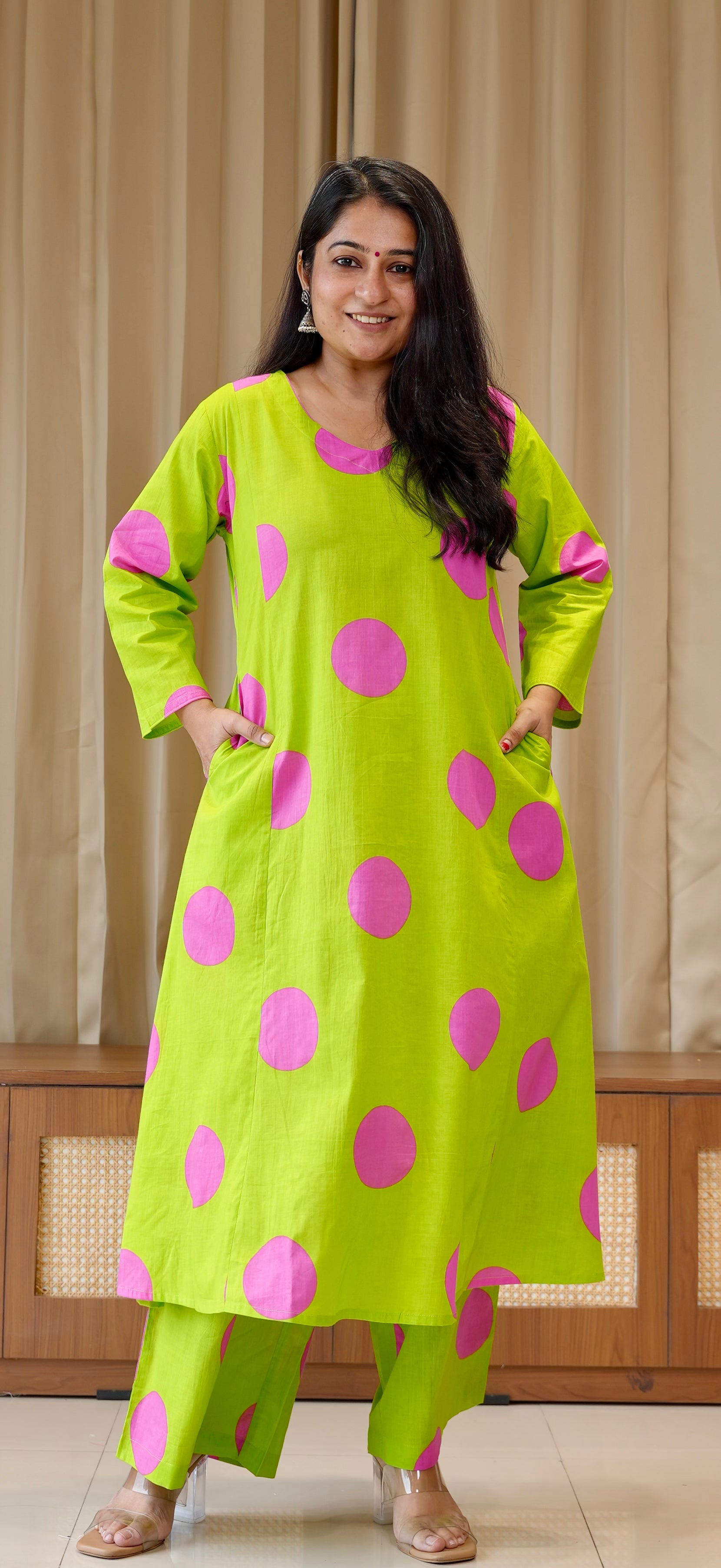 Green/Pink Polka Dots Cotton Kurta Set
