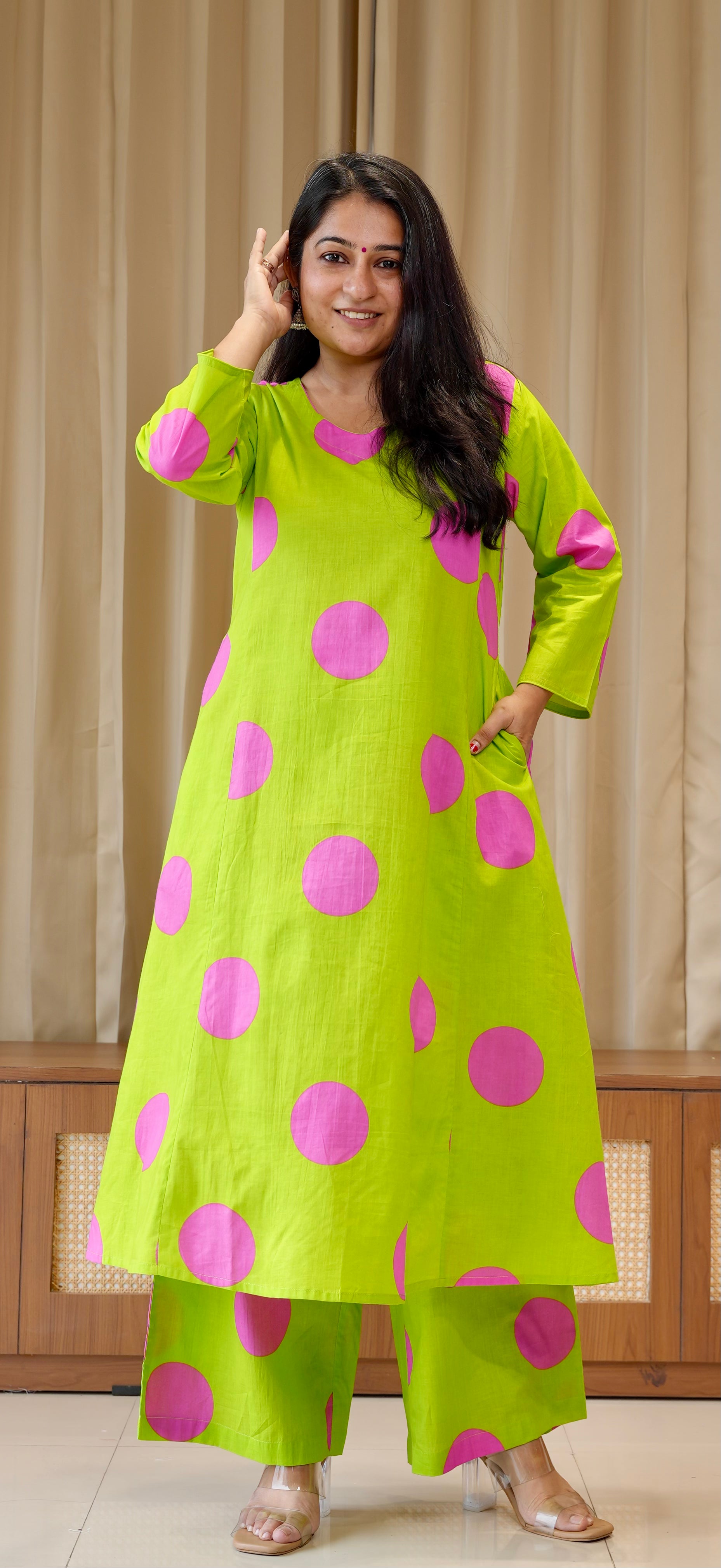 Green/Pink Polka Dots Cotton Kurta Set
