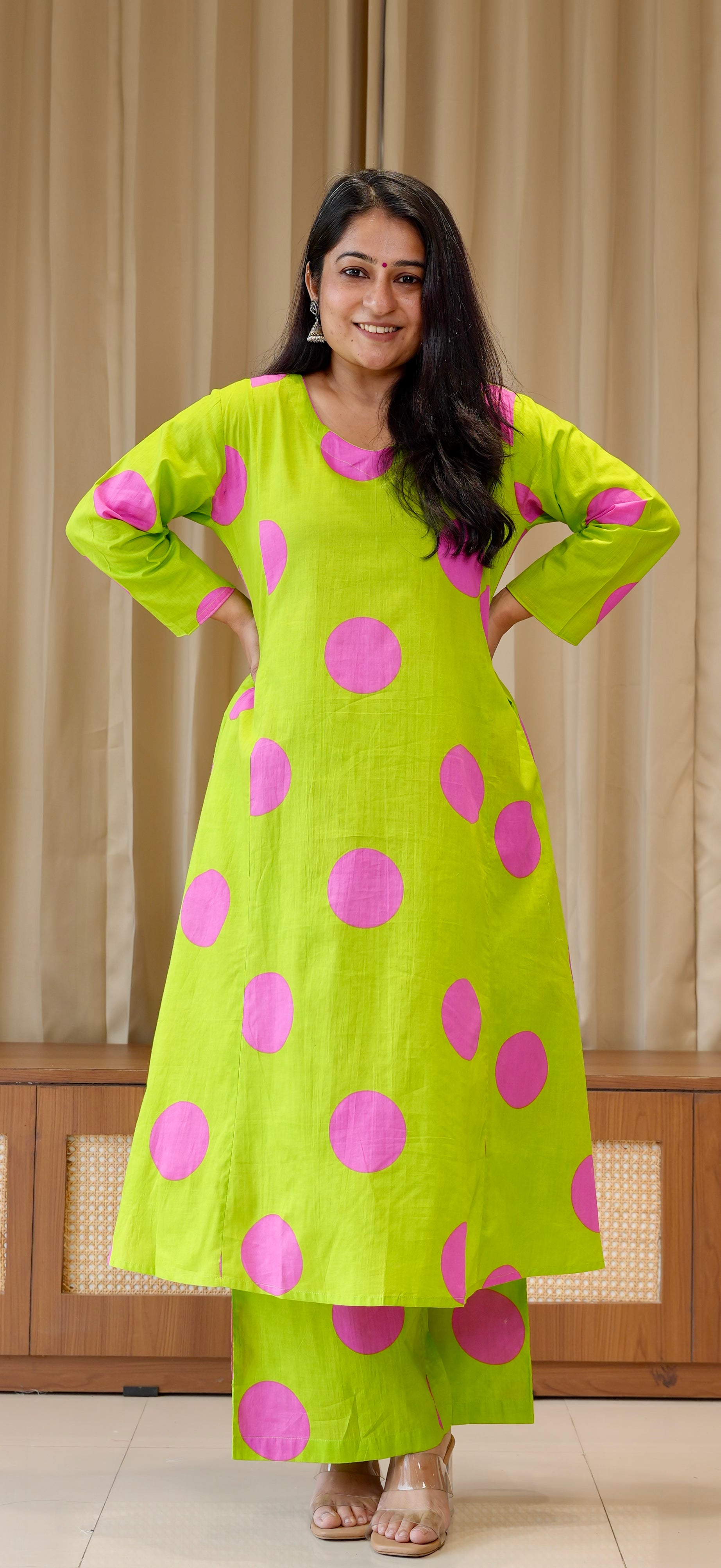 Green/Pink Polka Dots Cotton Kurta Set