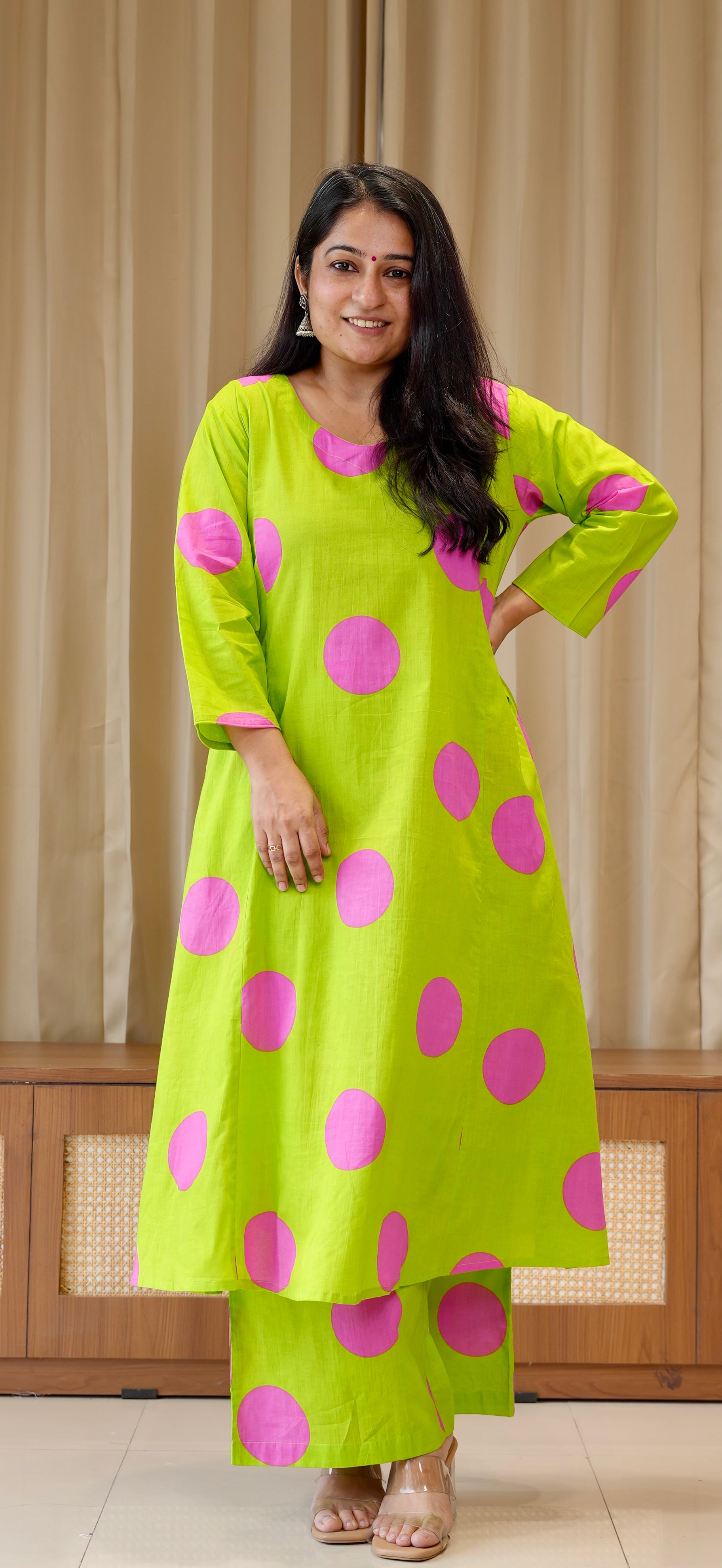 Green/Pink Polka Dots Cotton Kurta Set